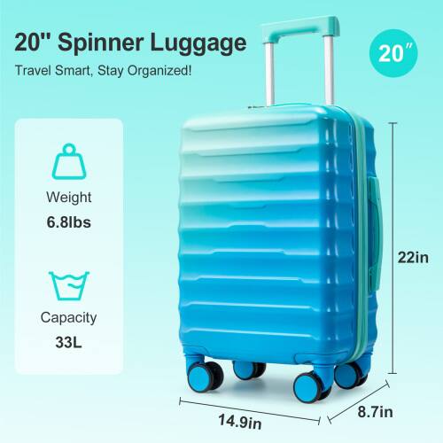 20" Spinner Luggage  
Travel Smart, Stay Organized!  

Weight: 6.8lbs  
Capacity: 33L  

Dimensions:  
- Height: 22in  
- Width: 14.9in  
- Depth: 8.7in