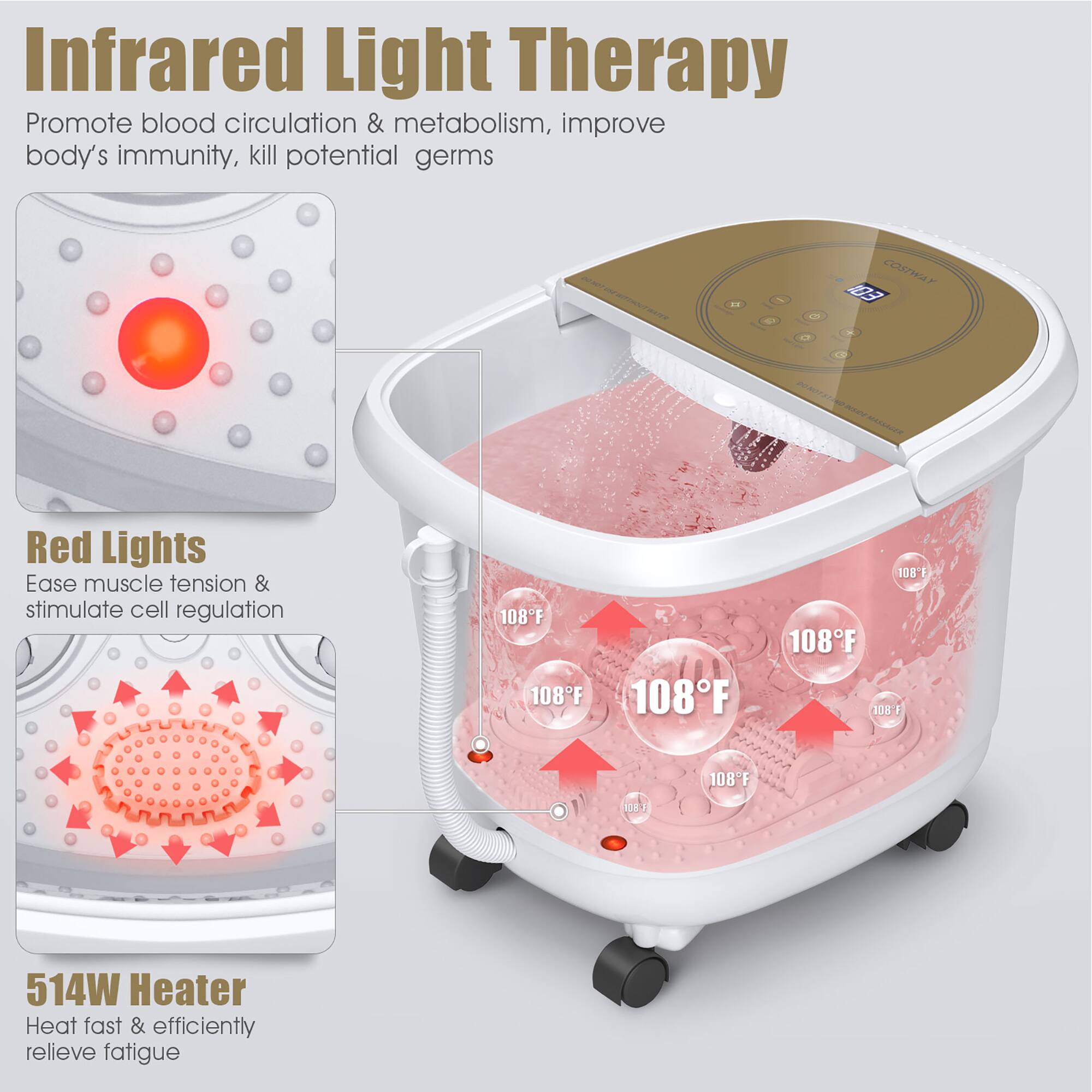 Infrared Light Therapy Promote blood circulation & metabolism, improve body's immunity, kill potential germs as L F 13 - - Red Lights Ease muscle tension & stimulate cell regulation 108F 108F 108F 108 108F 305 7 108F DES 514W Heater Heat fast & efficiently relieve fatigue