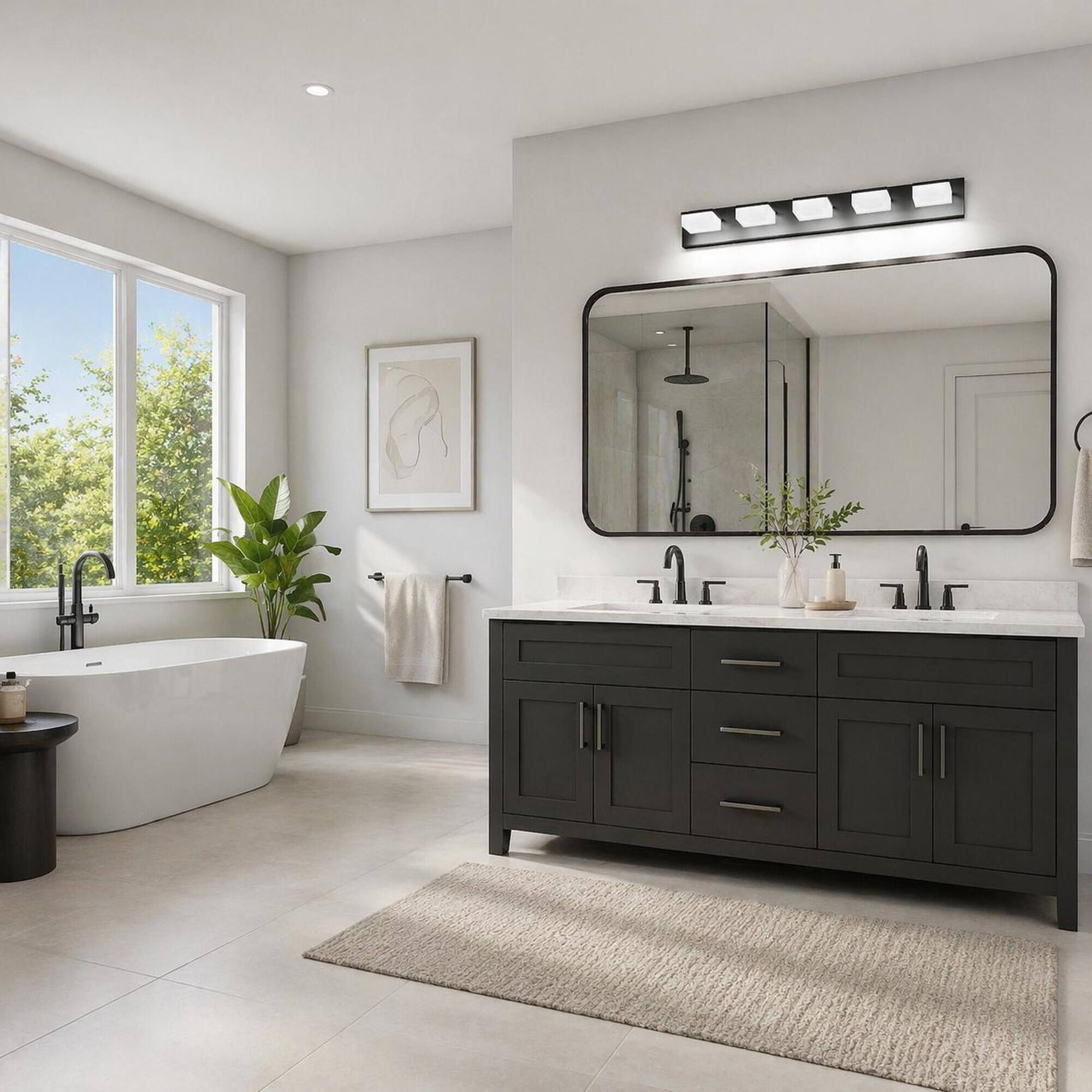Angle. RYHNUYNE - Modern LED Bathroom Vanity Light Fixture 5‑Light Black Acrylic Wall Sconce,Bathroom Wall Lighting Over Mirror - Black.