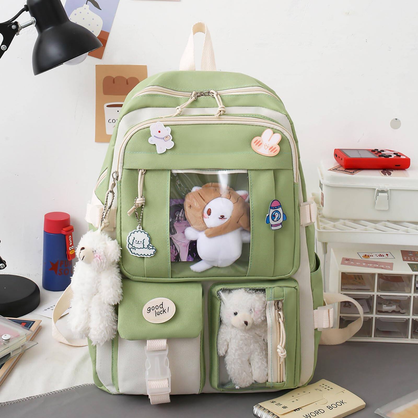 Alt View 1. Cozy Serene - 5-piece Aesthetic Backpack Set With Pin And Pendants Accessories  Nylon Material | Durable & Adorable - Pink.