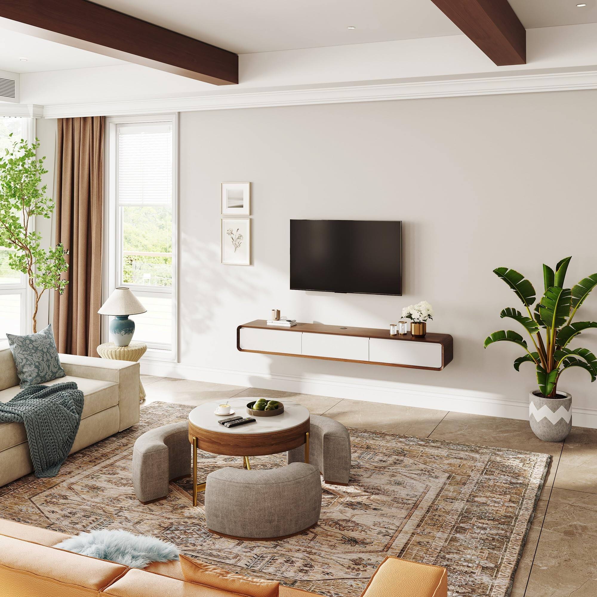 Left. POVISON - 63" Minimalist Floating TV Stand,White & Brown - White & Brown.