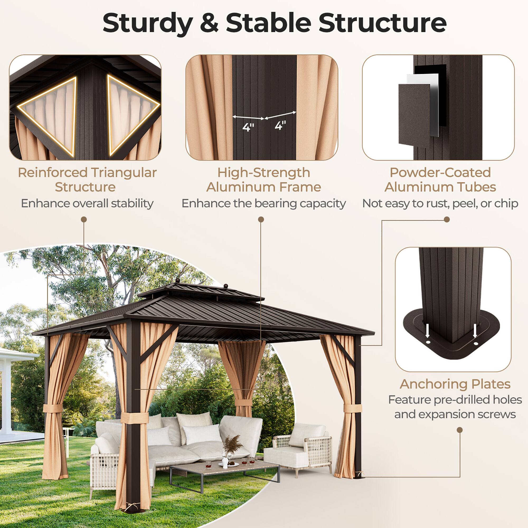 Sturdy & Stable Structure

- Reinforced Triangular Structure
  - Enhance overall stability

- High-Strength Aluminum Frame
  - Enhance the bearing capacity

- Powder-Coated Aluminum Tubes
  - Not easy to rust, peel, or chip

- Anchoring Plates
  - Feature pre-drilled holes and expansion screws