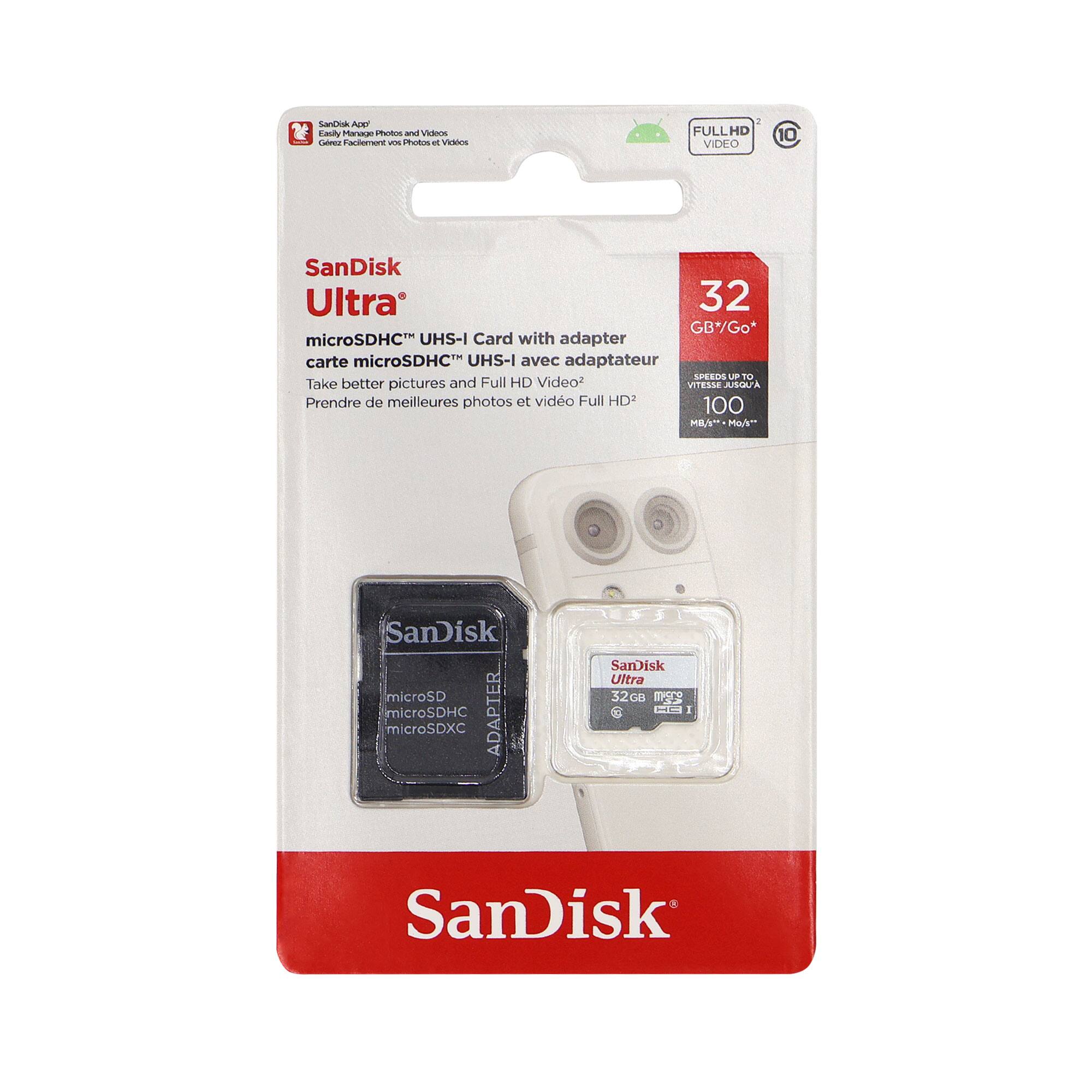 SanDisk Ultra microSDHC™ UHS-I Card with adapter
32 GB/Go*
Take better pictures and Full HD Video
Préndre de meilleures photos et vidéos Full HD