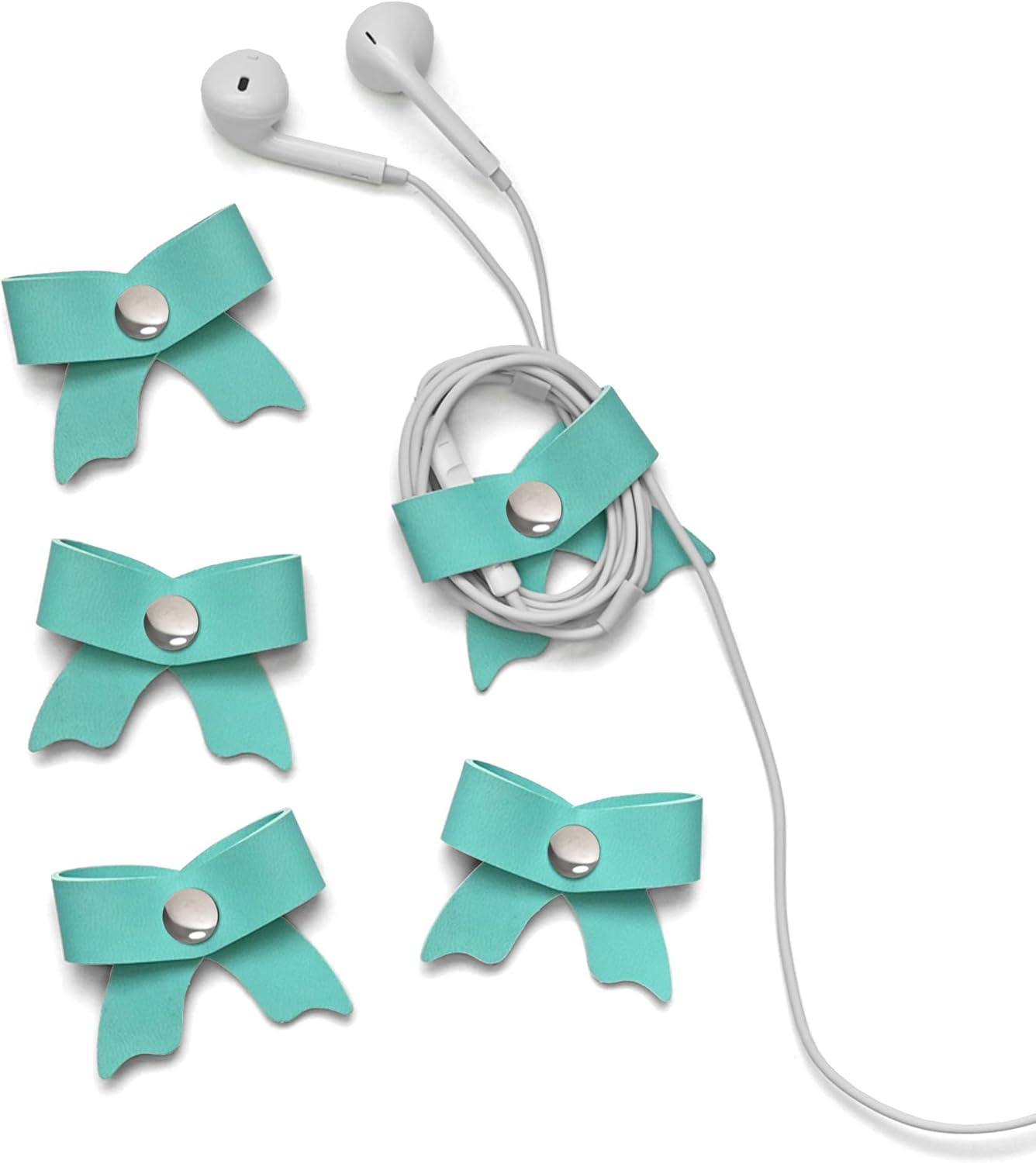 Front. THIRSTY TURTLE - Leather Cord Organizer (5‑Pack) — Mint, USB & Earphone Cable Holder.