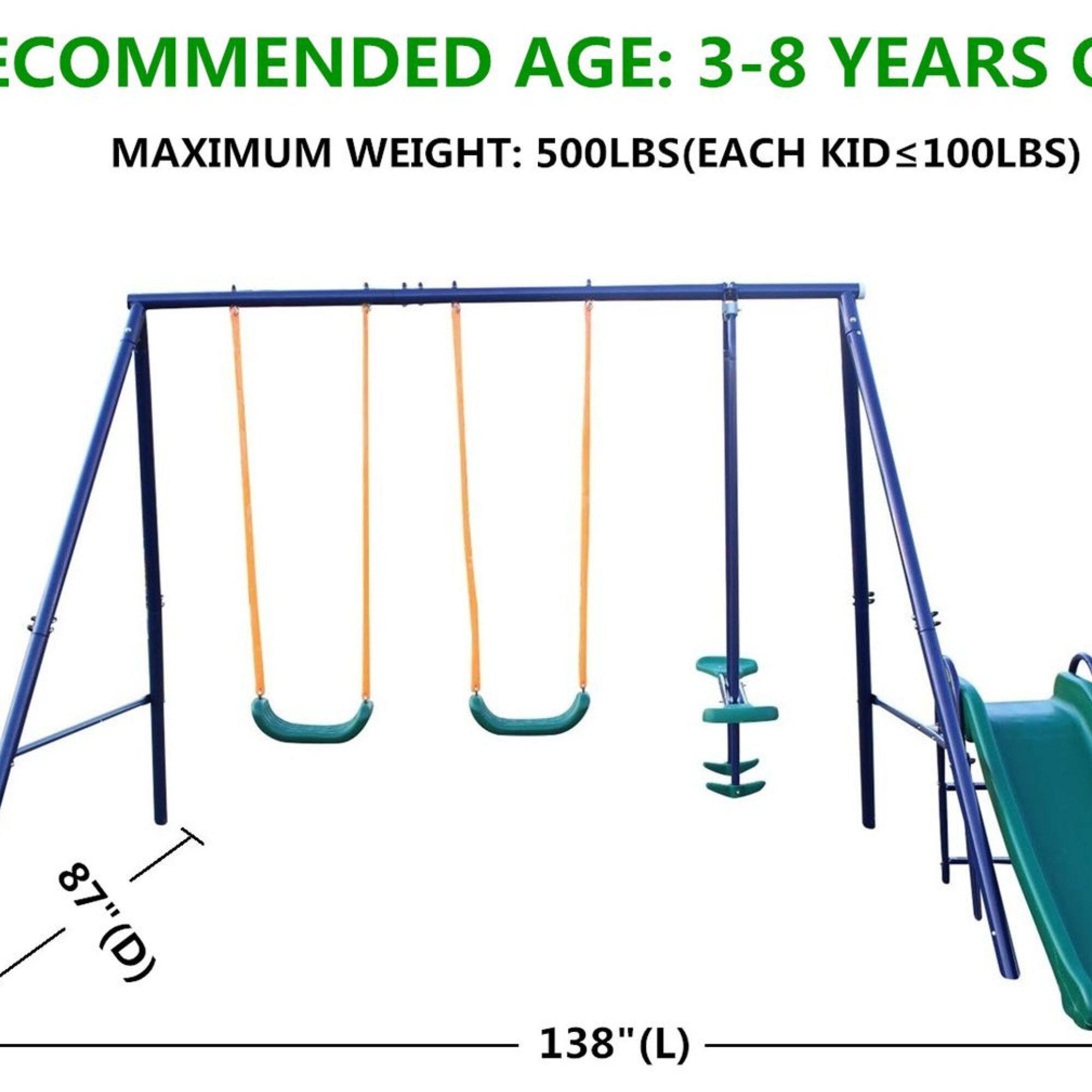 RECOMMENDED AGE: 3-8 YEARS  
MAXIMUM WEIGHT: 500LBS (EACH KID ≤100LBS)  
87" (D)  
138" (L)