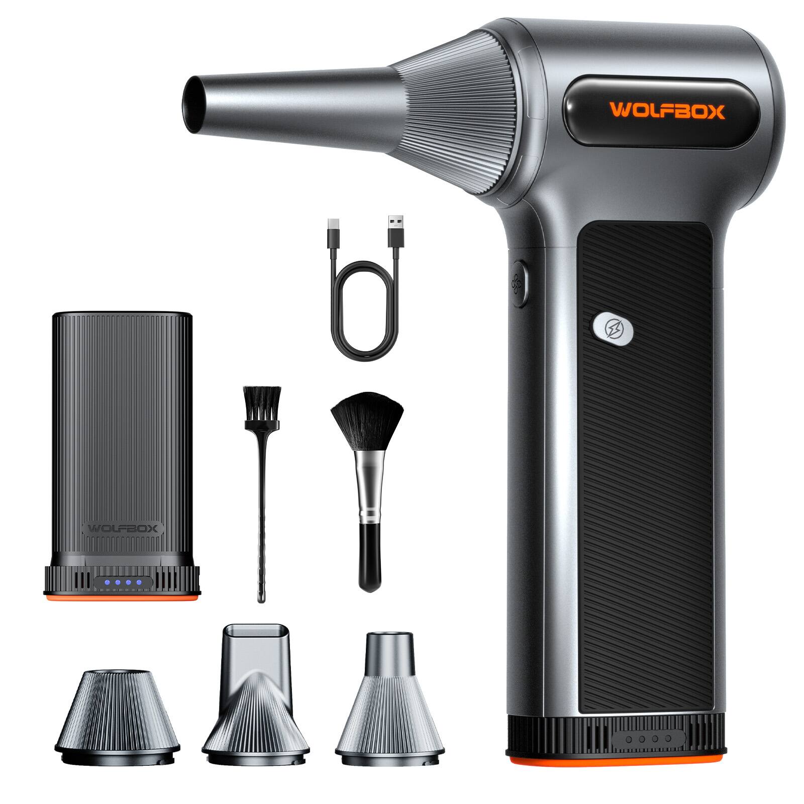 WOLFBOX - Cordless Compressed Air Duster with Dual Removable Batteries, 3-Speed Adjustable Air duster for Keyboard, PC, Car - Silver