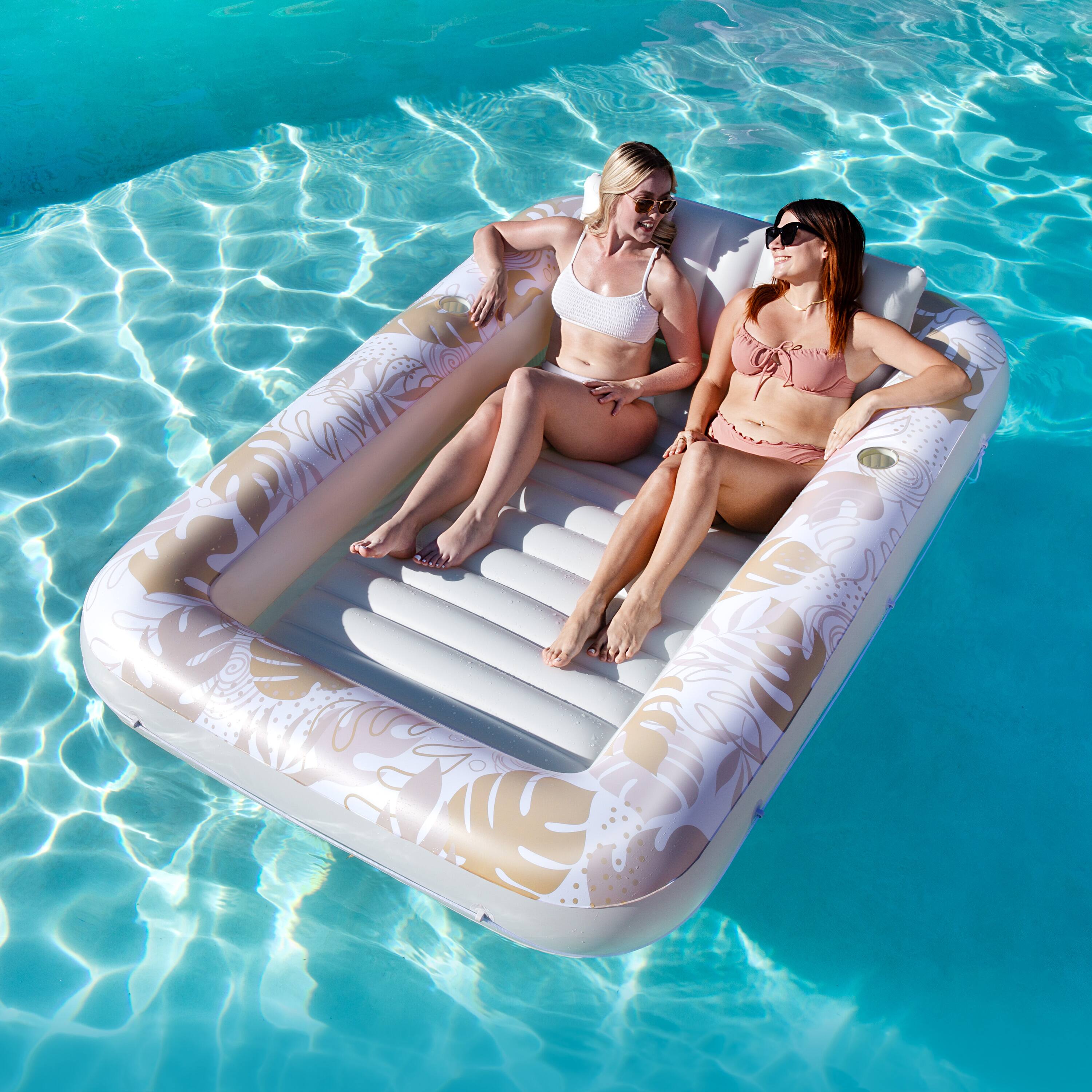 Back. Joyfy - 85" x 57" Inflatable Tanning Pool Suntan Lounge Lounger Float for Adults Extra Large Suntan Tub (Gold White Tropical).