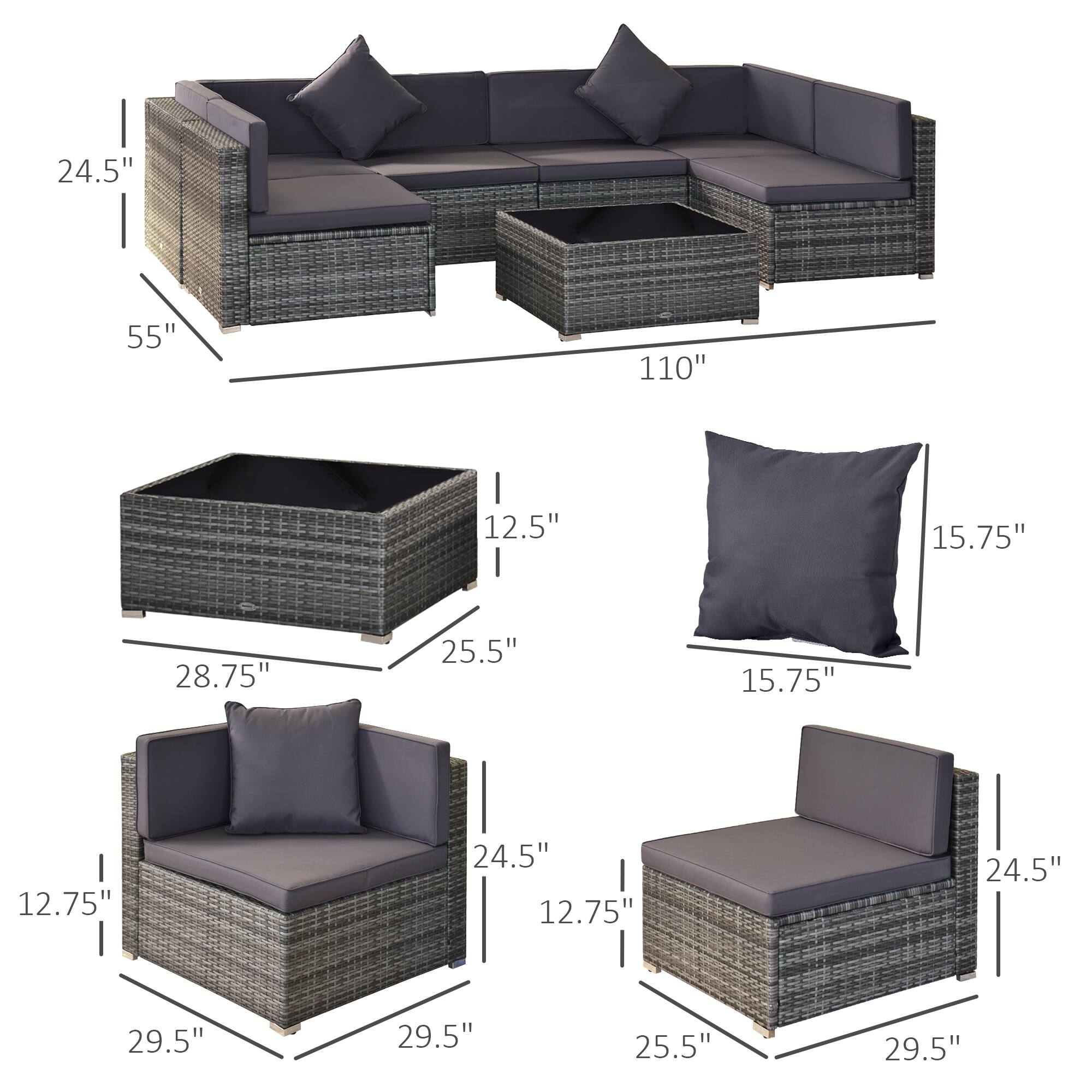 Sofa: 24.5", 55", 110"
Ottoman: 12.5", 28.75", 25.5"
Chair: 24.5", 12.75", 29.5", 25.5", 29.5"
Pillow: 15.75", 15.75"