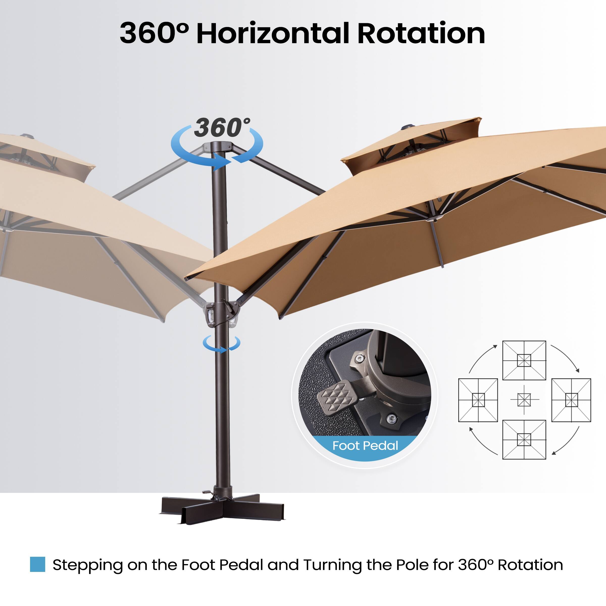 360° Horizontal Rotation

Stepping on the Foot Pedal and Turning the Pole for 360° Rotation

Foot Pedal