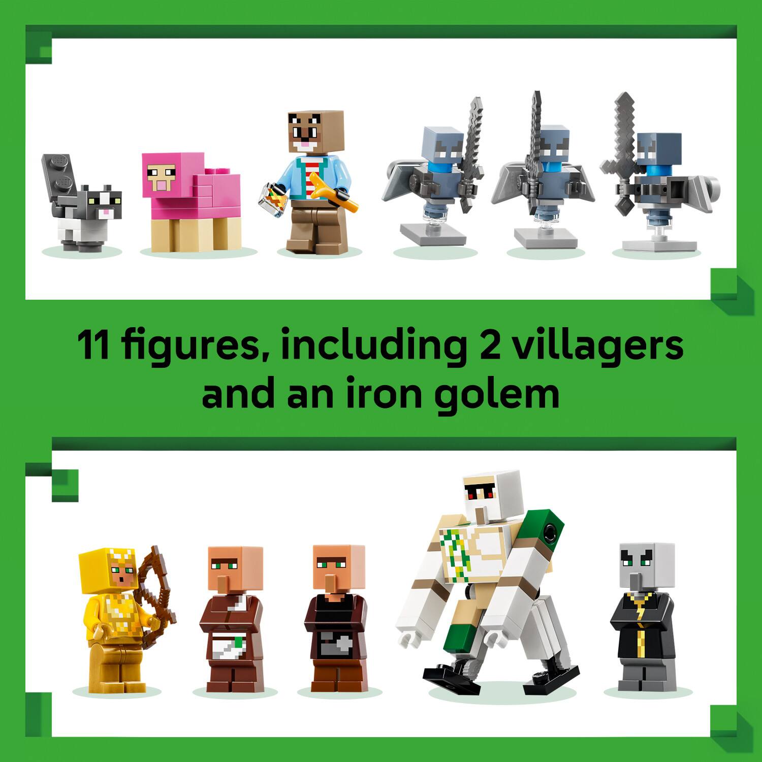 11 figures, including 2 villagers and an iron golem