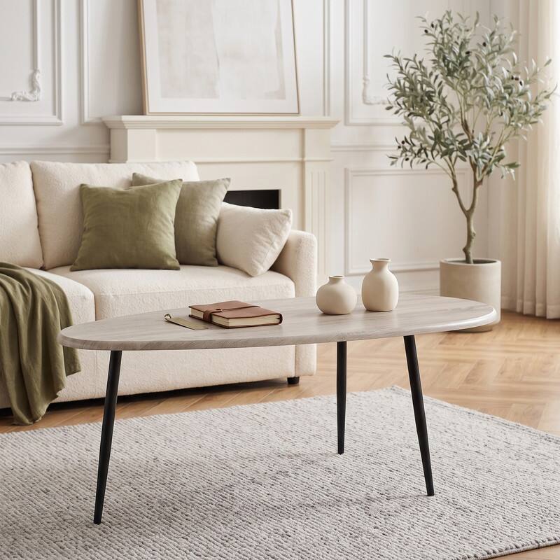 Angle. WELLFOR - Oval Coffee Table with Metal Legs, Mid Century Center Table Easy Assembly Tea Table - Gray.