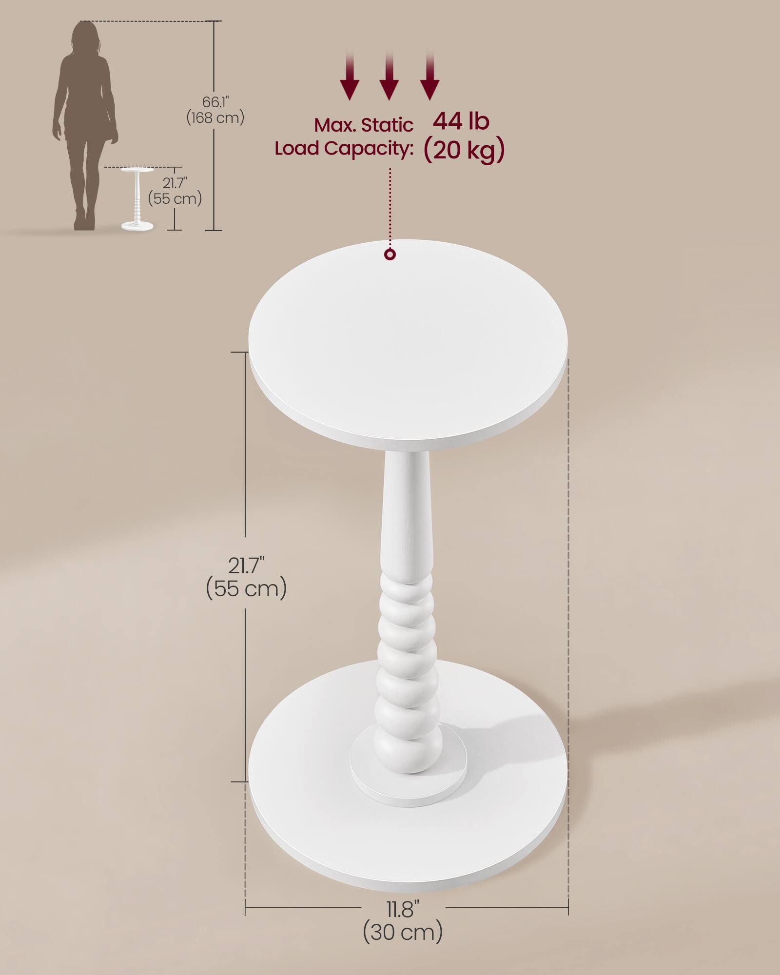 66.1" (168 cm)  
21.7" (55 cm)  
Max. Static Load Capacity: 44 lb (20 kg)  
21.7" (55 cm)  
11.8" (30 cm)