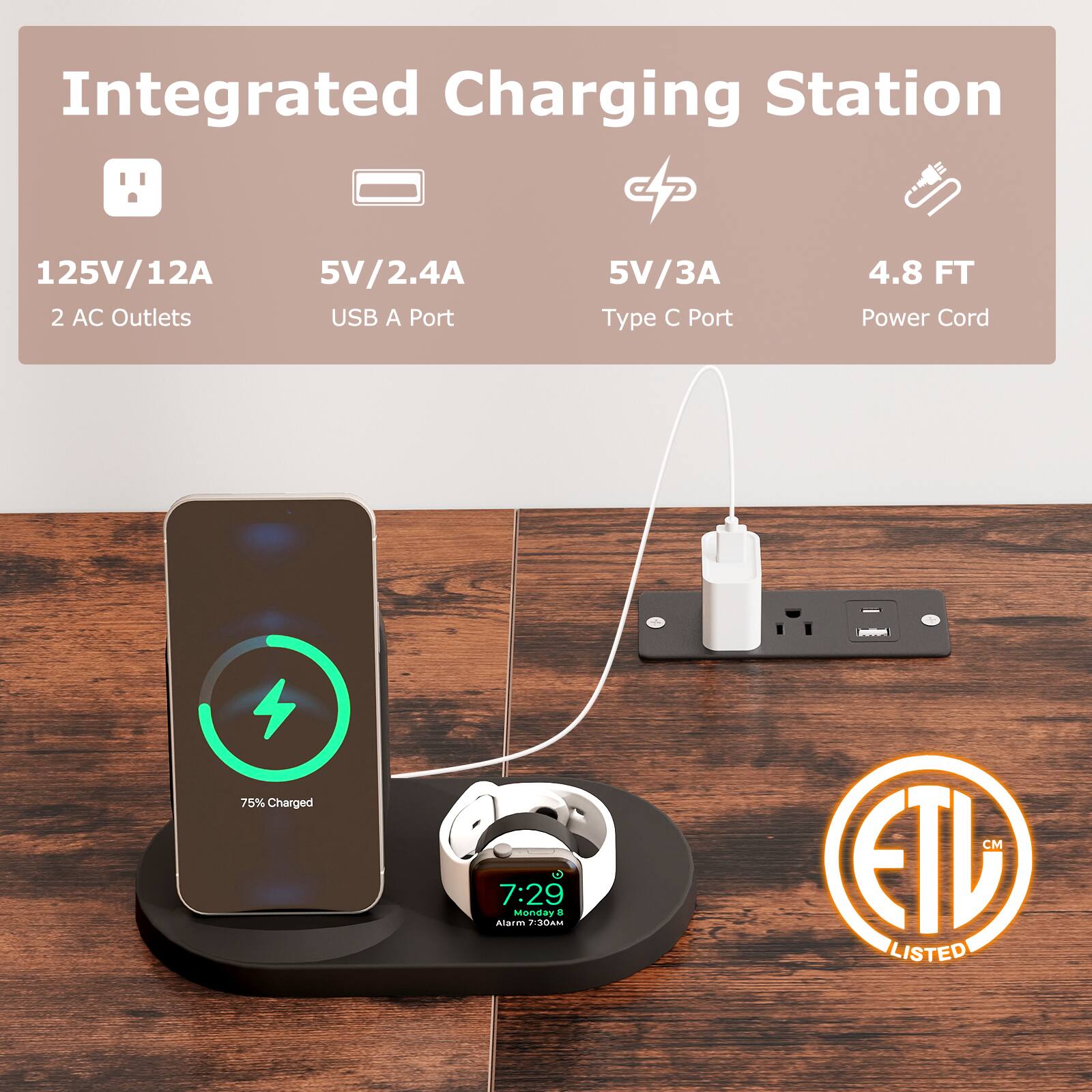 Integrated Charging Station, 125V/12A, 2 AC Outlets, 5V/2.4A, USB A Port, 5V/3A, Type C Port, 4.8 FT, Power Cord, 75% Charged, 7:29, Monday, 8 AM, ETD LISTED