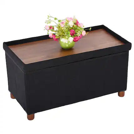 Front. JETRANSPORT - Inches Storage Ottoman Bench Wooden Living Room Foot Rest Removeable Bedroom Linen Fabric Folding Black - Rect Black.