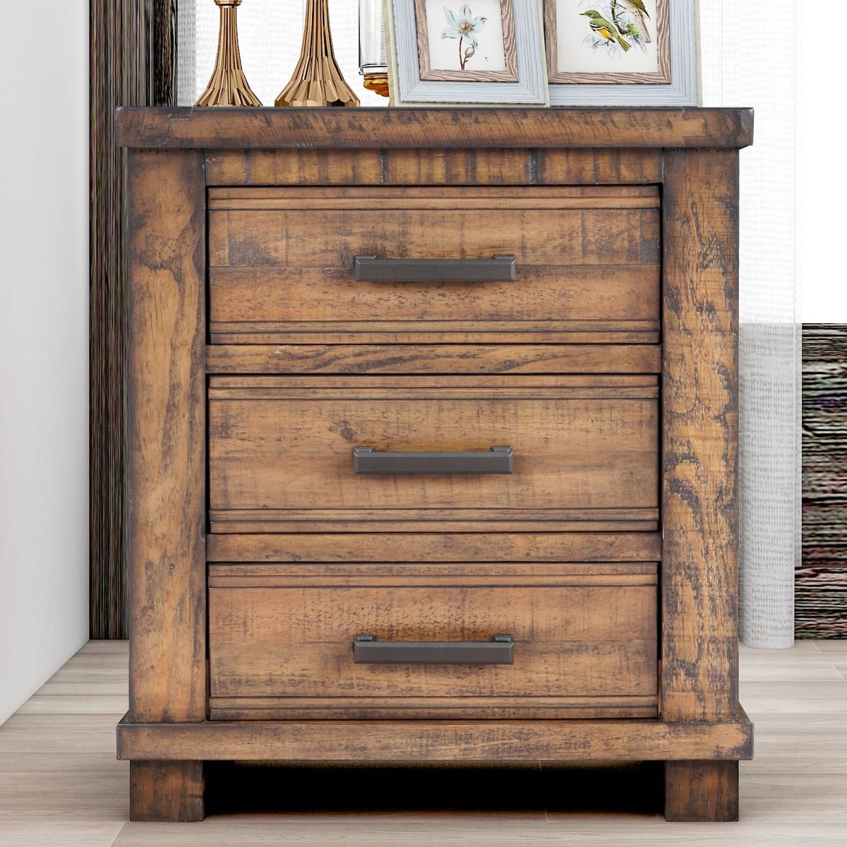 Loheer - Three Drawer Nightstand Reclaimed Pine Wood Farmhouse Bedside Table - Natural