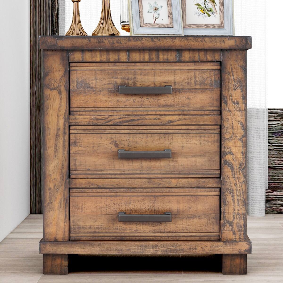 Front. Loheer - Loheer Three Drawer Nightstand Reclaimed Pine Wood Farmhouse Bedside Table - Natural.