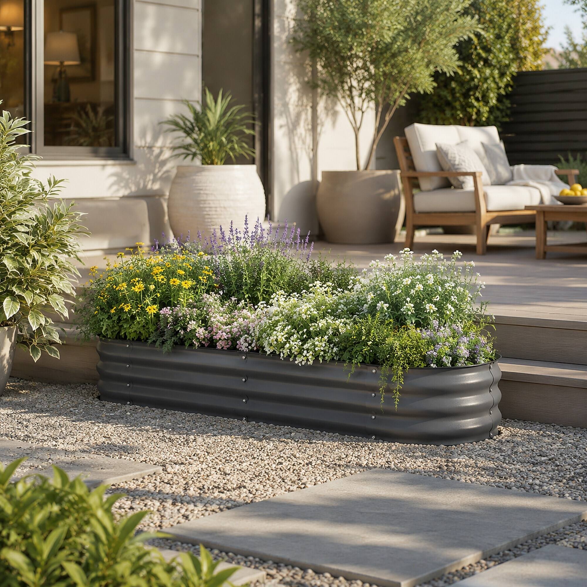 Left. RYHNUYNE - Galvanized Raised Garden Bed Kit 4.9x2x1 ft Outdoor Metal Planter Box with Safety Edging for Vegetables Flowers - Gray.
