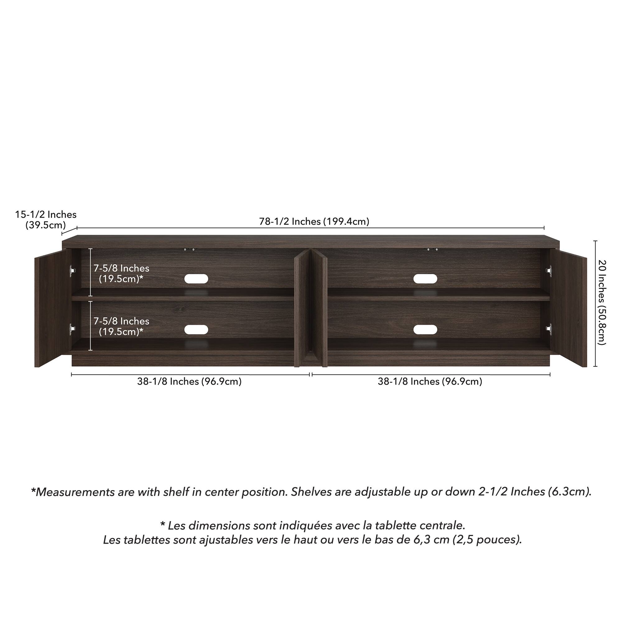 15-1/2 Inches (39.5cm)  
78-1/2 Inches (199.4cm)  
7-5/8 Inches (19.5cm)*  
7-5/8 Inches (19.5cm)*  
20 Inches (50.8cm)  
38-1/8 Inches (96.9cm)  
38-1/8 Inches (96.9cm)  

*Measurements are with shelf in center position. Shelves are adjustable up or down 2-1/2 Inches (6.3cm).  

*Les dimensions sont indiquées avec la tablette centrale. Les tablettes sont ajustables vers le haut ou vers le bas de 6,3 cm (2,5 pouces).