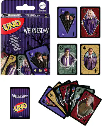 MATTEL Games
Inspiring the next generation through play
UNO
WEDNESDAY
Card Game / Jeu de Cartes / Juego de Cartas
Includes a SPECIAL RULE!
Incluye una CARTA ESPECIAL!
Inclui una CARTE SPECIALE!
Incluye una CARTA ESPECIAL!
7+
2-10
MATTEL Games
©Mattel