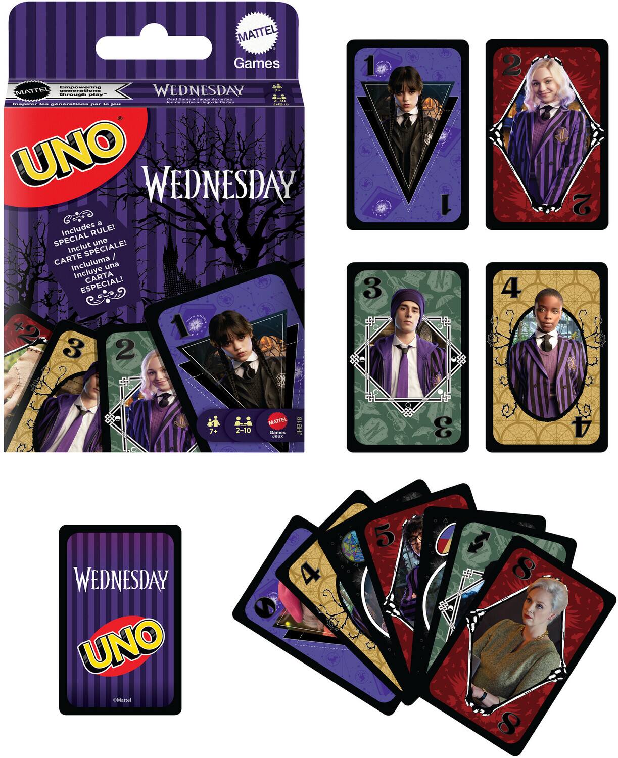 MATTEL Games  
Inspiring the next generation through play  
UNO  
WEDNESDAY  
Card Game / Jeu de Cartes / Juego de Cartas  
Includes a SPECIAL RULE!  
Incluye una CARTA ESPECIAL!  
Inclui una CARTE SPECIALE!  
Incluye una CARTA ESPECIAL!  
7+  
2-10  
MATTEL Games  
©Mattel