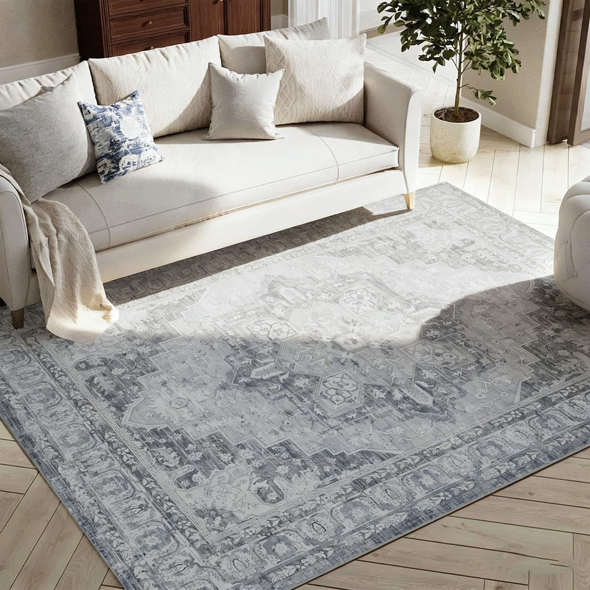 RYHNUYNE - 5x7 Area Rug for Living Room, Washable Soft Thin Rug, No Slip Stain Resistant Carpet for Bedroom Nursery Home - Gray Blue