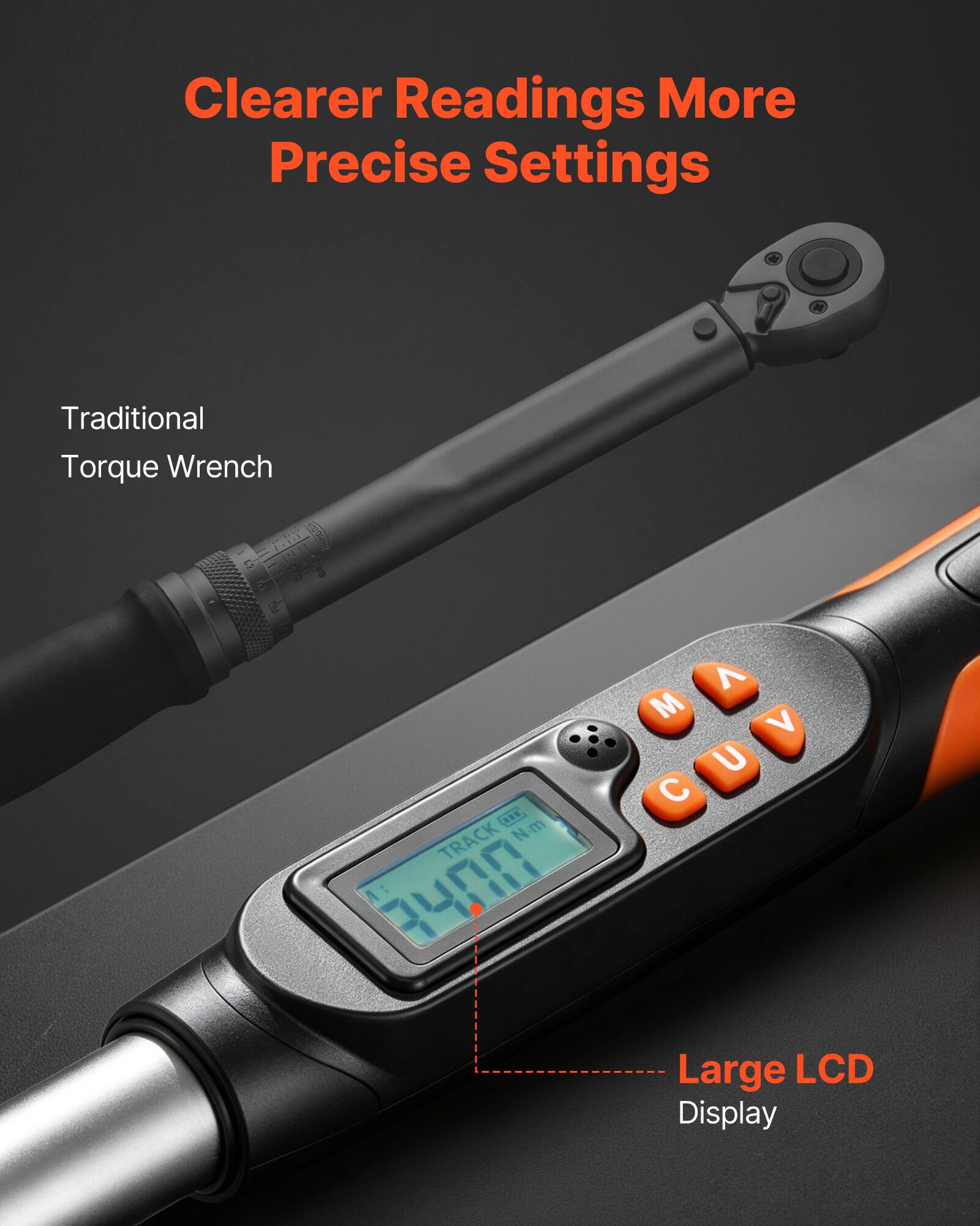 Clearer Readings More Precise Settings  
Traditional Torque Wrench  
EE TRACK Nm 7400  
A M V U C  
Large LCD Display