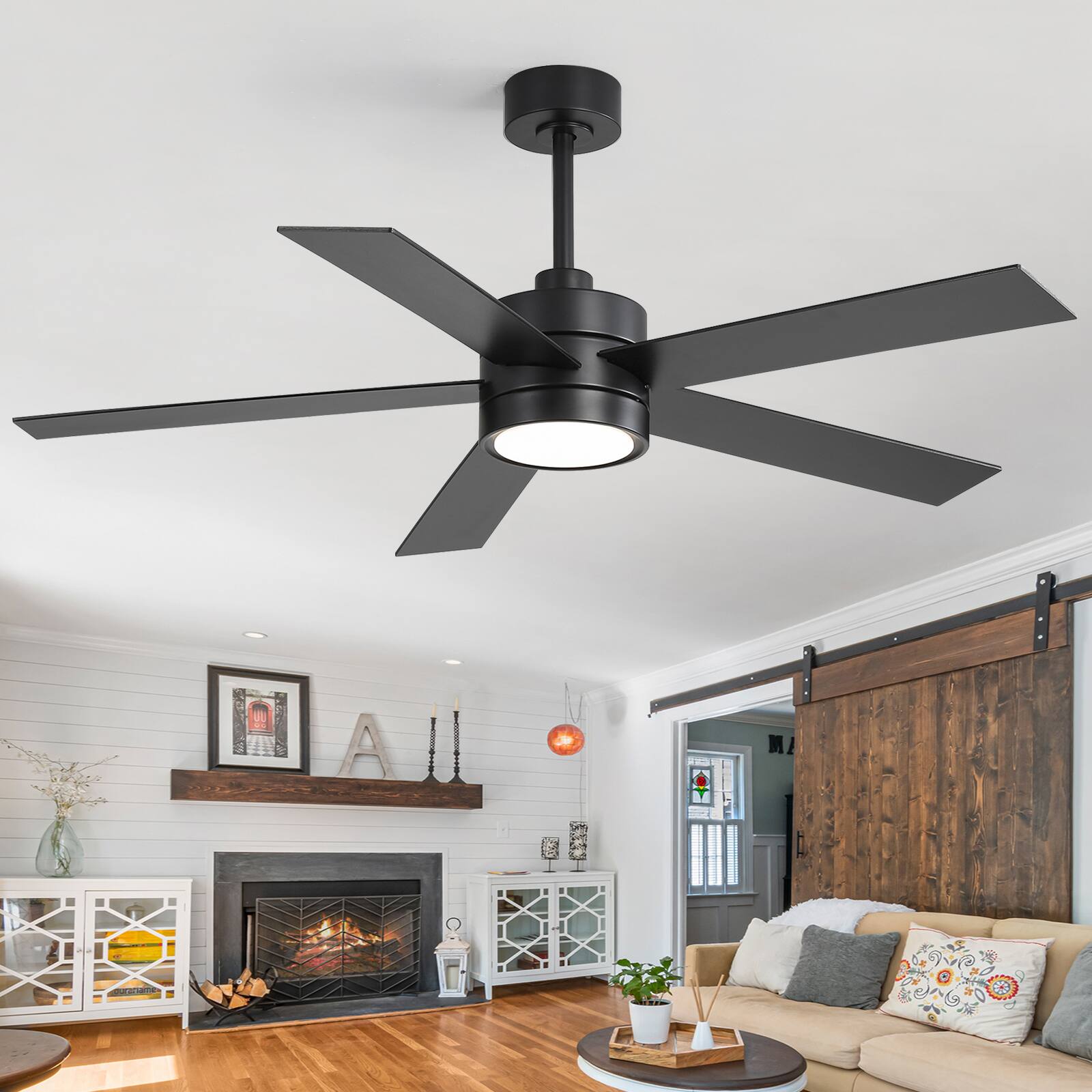 Alt View 7. Breezary - 52-In Indoor Ceiling Fan with Led Light, 5 Plywood Blades, 6-Speed DC Motor, Remote, Timer with Memory, 5/10'' Downrods - Black.