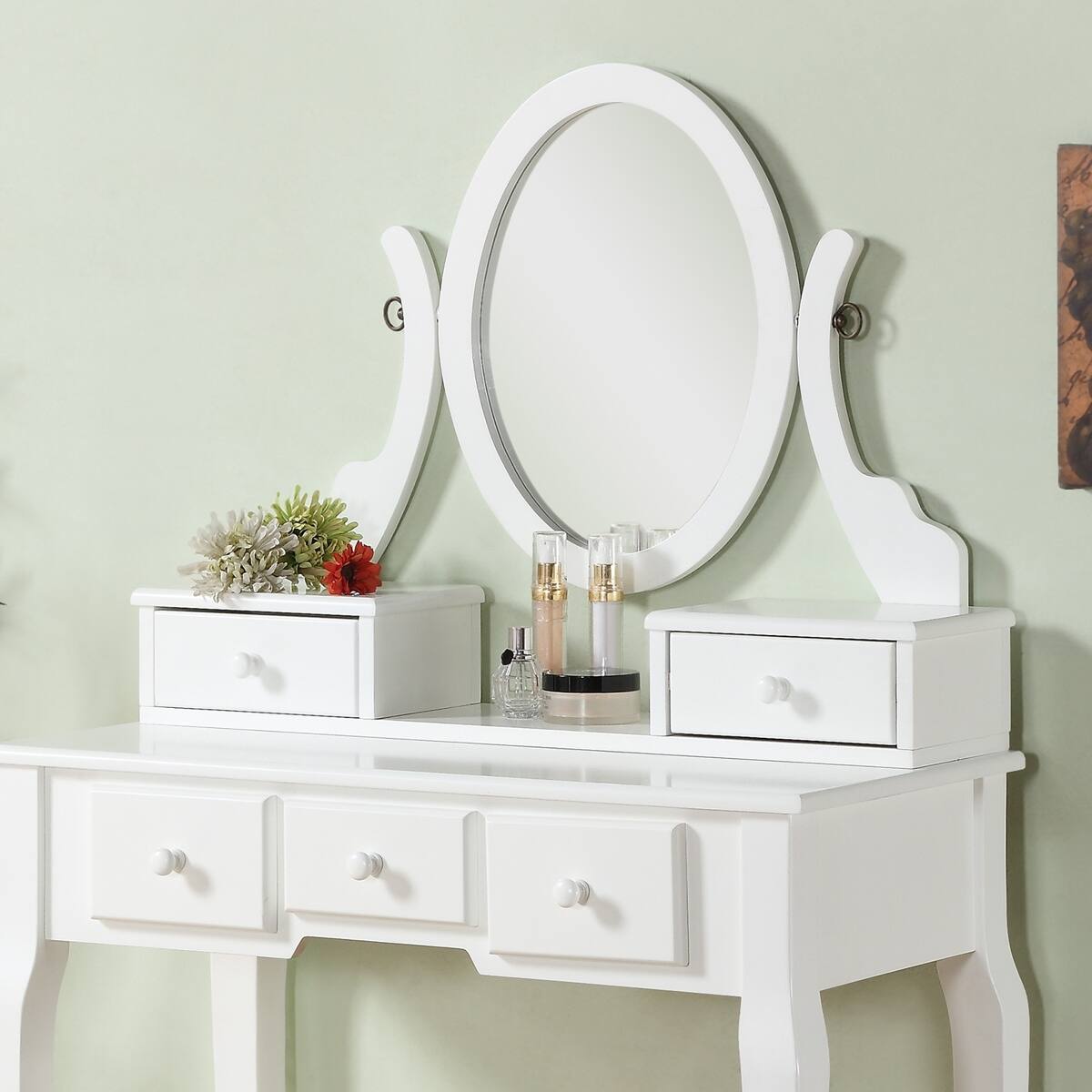 Loheer Wooden Makeup Vanity Set with Adjustable Oval Mirror and Stool ...