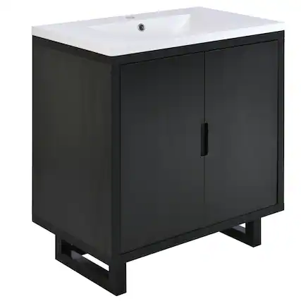Front. Glintex - 30-Inch Bathroom Vanity with Resin Sink, Solid Wood Frame, Soft-Close Doors and Spacious Storage - Black.