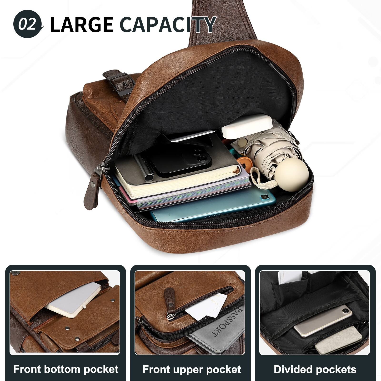 02 LARGE CAPACITY

Front bottom pocket  
Front upper pocket  
Divided pockets