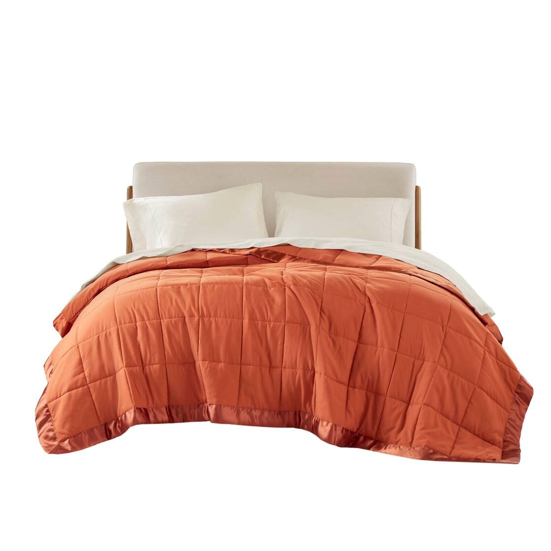 Front. Gracie Mills - Seville Lightweight Down Alternative Blanket with Satin Trim - Orange.