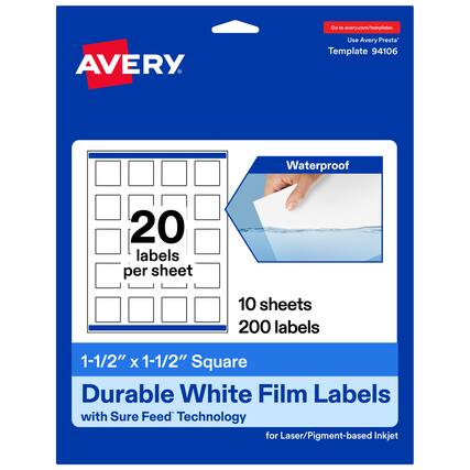 Go to avery.com/templates
Use Avery Presta™ Template 94106
Waterproof
20 labels per sheet
10 sheets
200 labels
1-1/2" x 1-1/2" Square
Durable White Film Labels
with Sure Feed™ Technology
for Laser/Pigment-based Inkjet