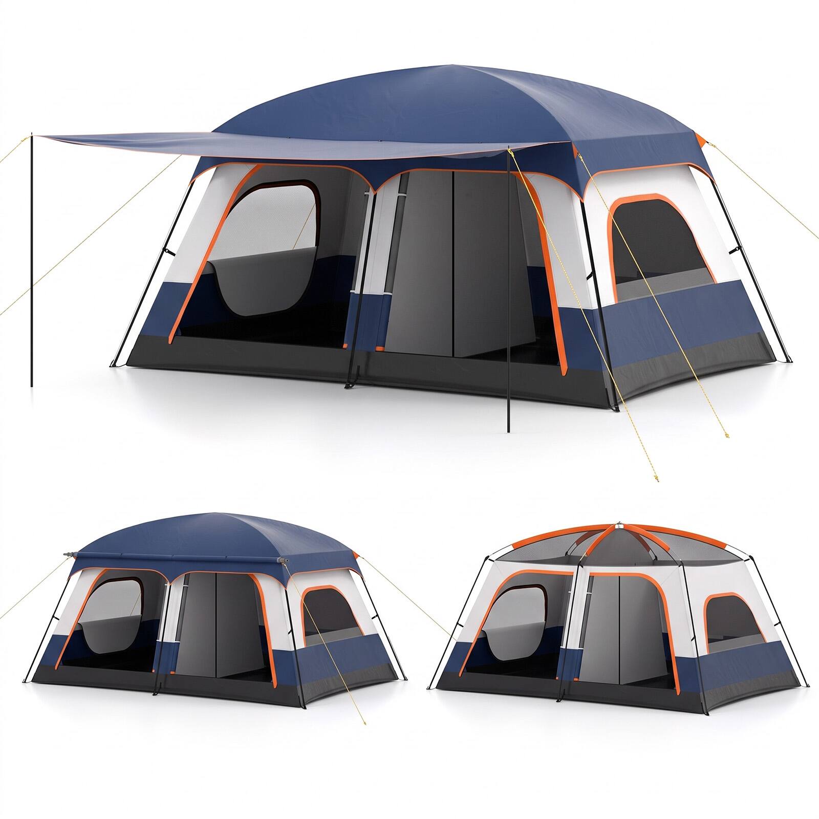 Front. Costway - Costway 6-8 Person Camping Tent with Porch & 2 Rooms, 2 Doors, Rainfly, Mesh Windows - Blue.