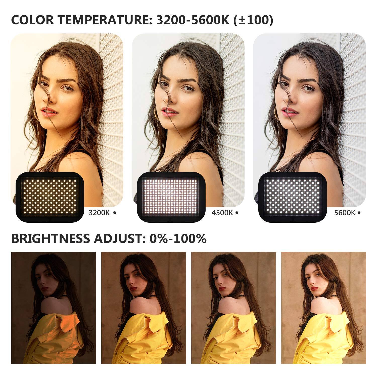 COLOR TEMPERATURE: 3200-5600K (±100)  
3200K 4500K 5600K  

BRIGHTNESS ADJUST: 0%-100%