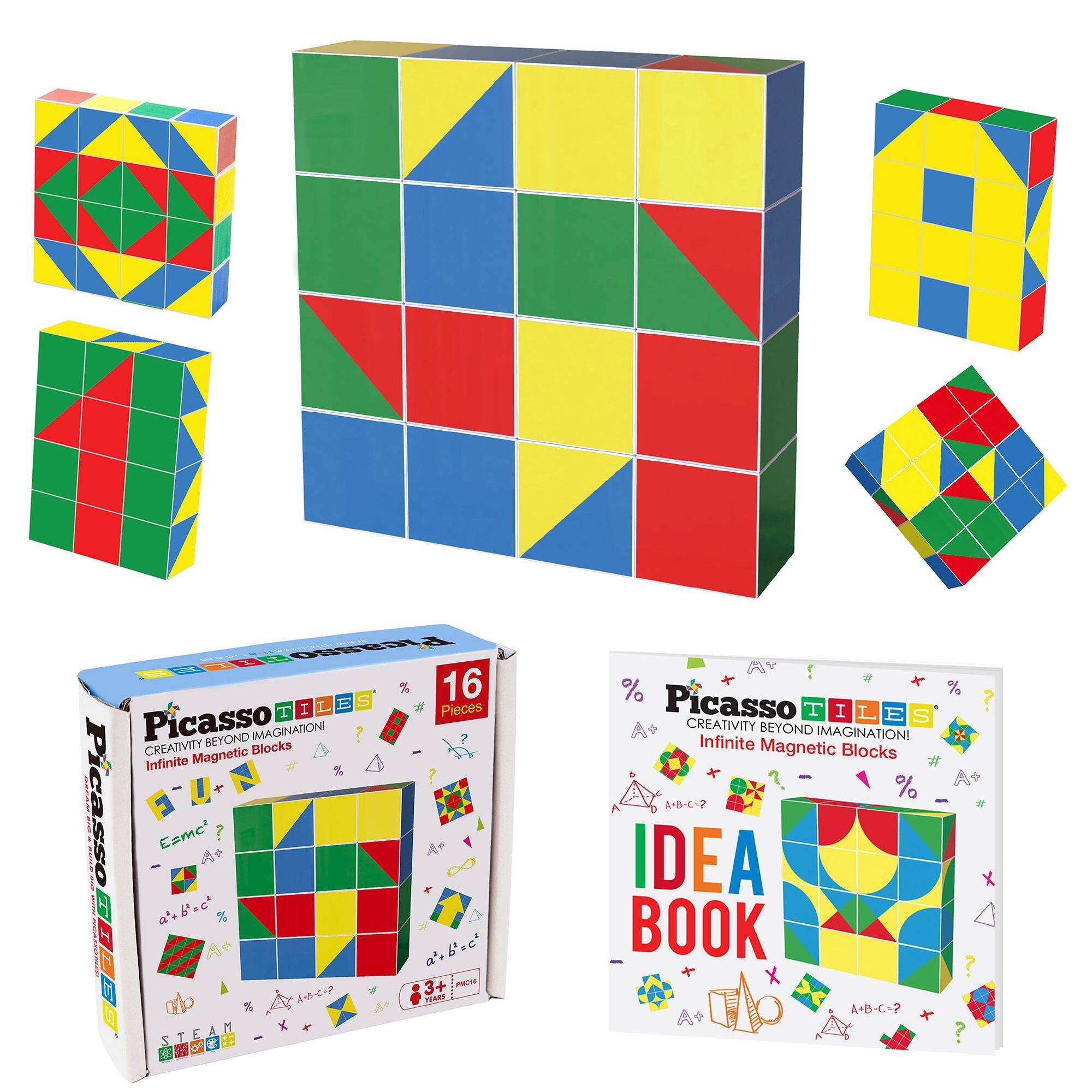 Picasso Tiles  
Creativity Beyond Imagination!  
Infinite Magnetic Blocks  

16 Pieces  

Picasso Tiles  
Creativity Beyond Imagination!  
Infinite Magnetic Blocks  

Idea Book  

STEAM  
3+ Years  
Made in China