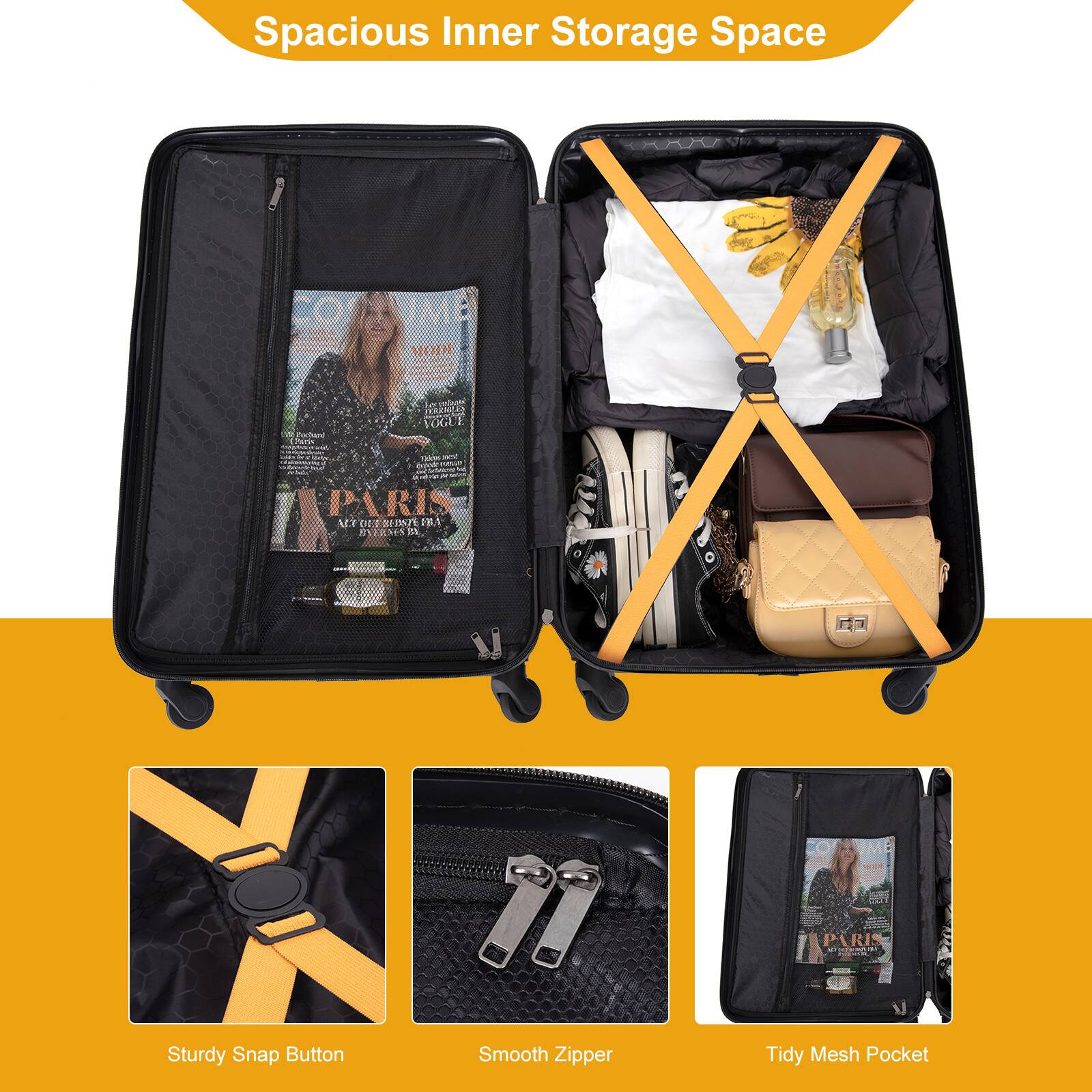 Spacious Inner Storage Space

Sturdy Snap Button

Smooth Zipper

Tidy Mesh Pocket
