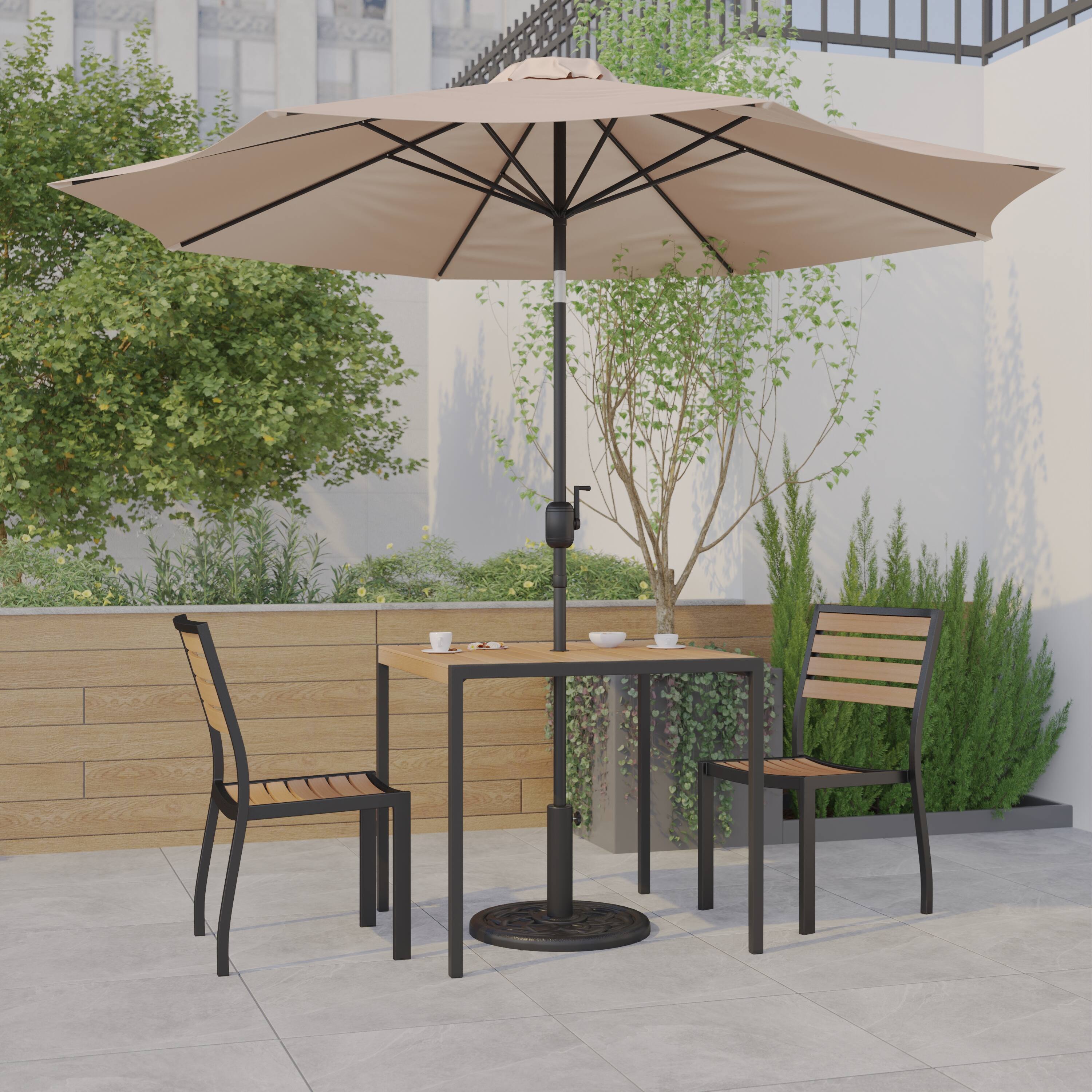 Alt View 1. Emma + Oliver - 5 Piece Patio Table Set - Synthetic Faux Teak Stackable Chairs - Faux Teak Table - Umbrella with Base - Tan.