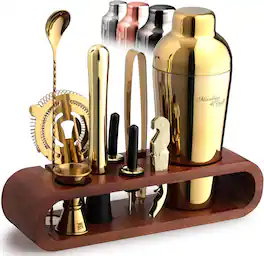 Zulay Kitchen - 10-Piece Cocktail Shaker Set with Dark Bamboo Stand - Gold