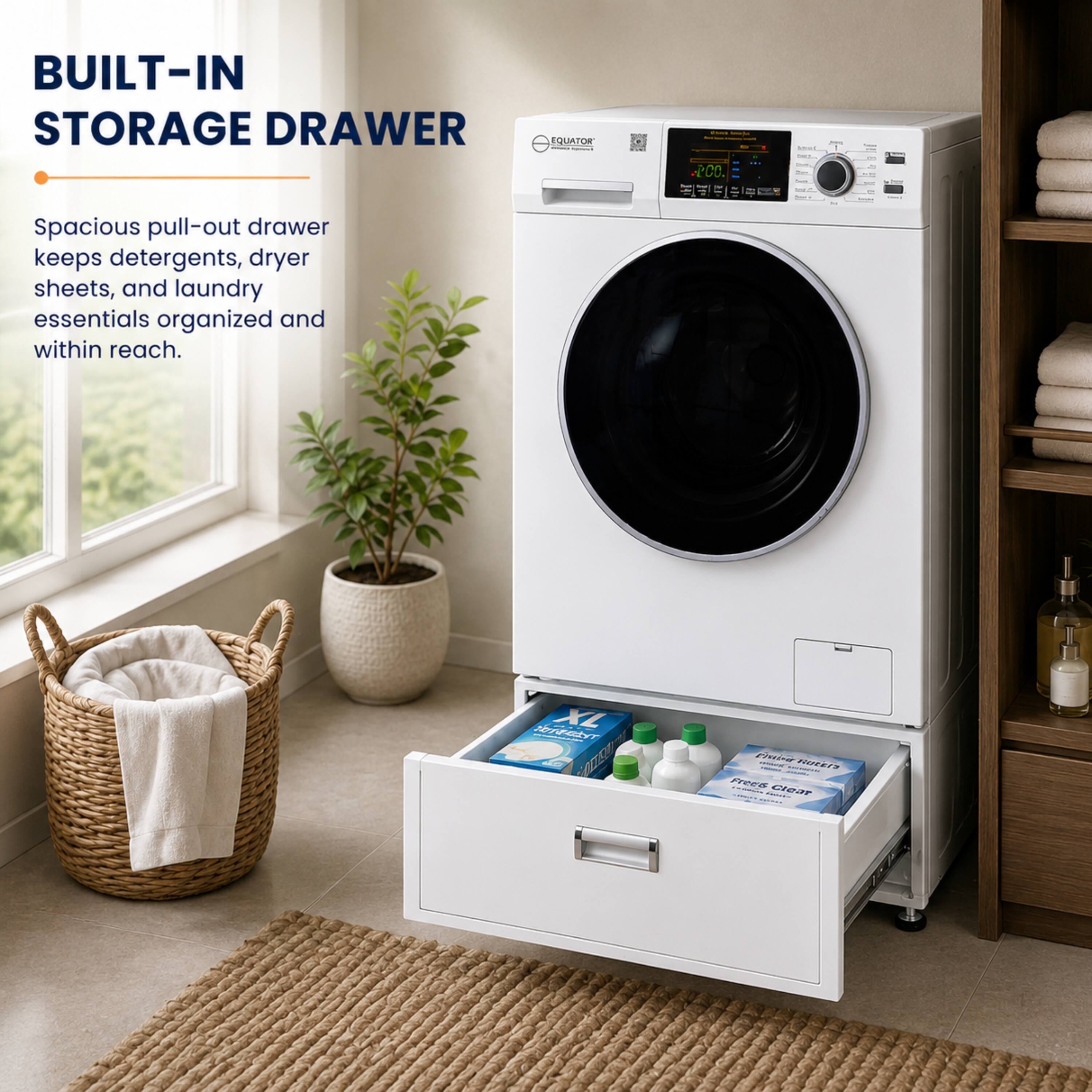 BUILT-IN STORAGE DRAWER

Spacious pull-out drawer keeps detergents, dryer sheets, and laundry essentials organized and within reach.