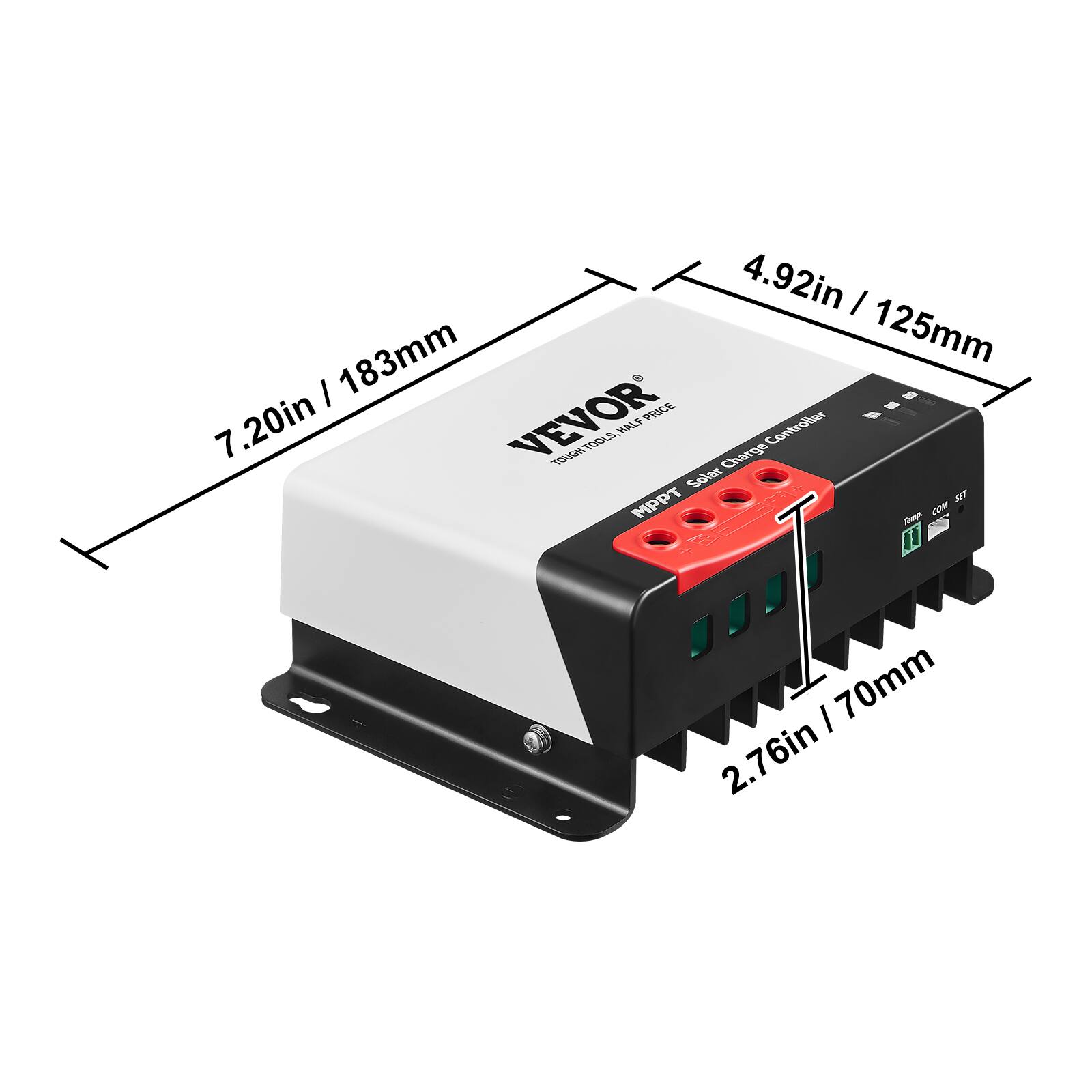 4.92in / 125mm  
7.20in / 183mm  
2.76in / 70mm  

VEVOR  
Solar Charge Controller  
MPPT  
TOOLS HALF PRICE