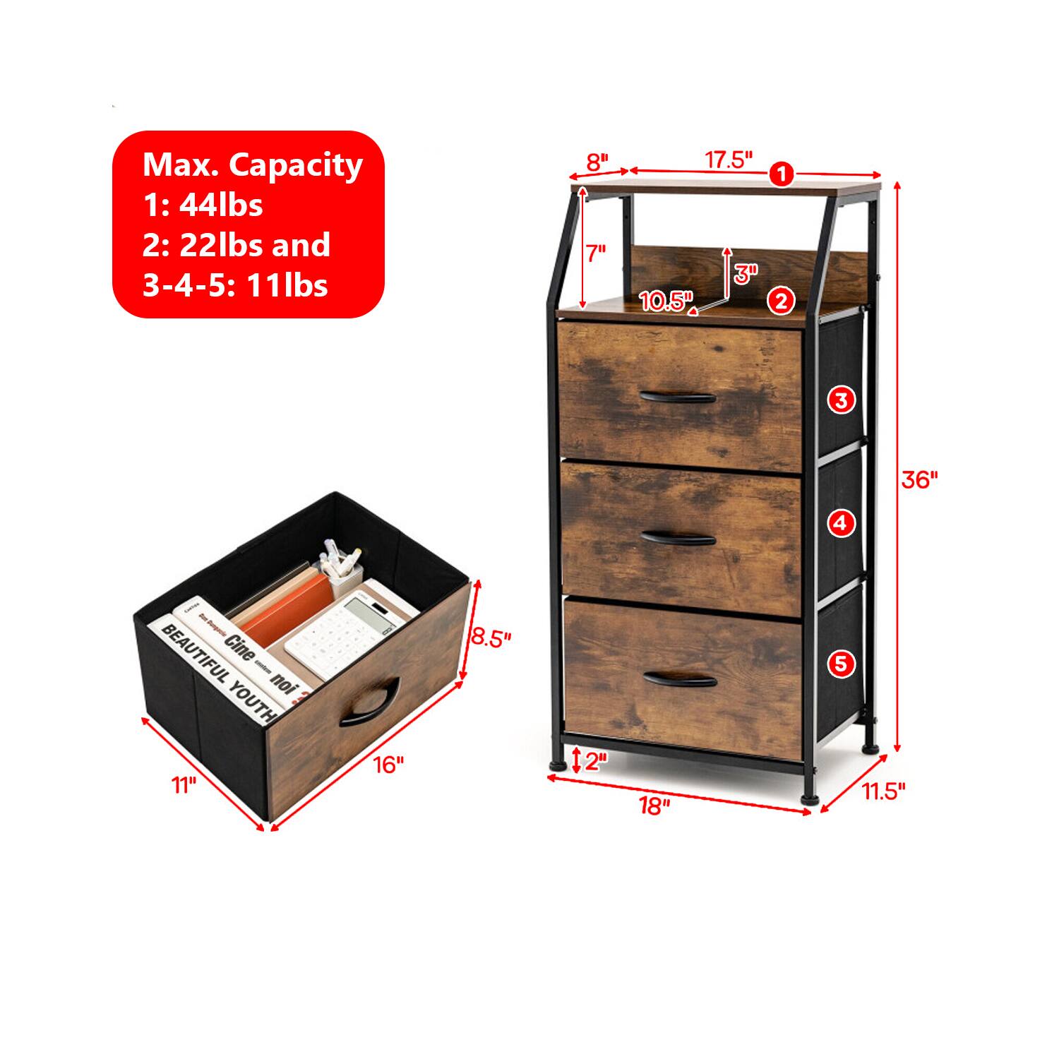 Max. Capacity  
1: 44lbs  
2: 22lbs and  
3-4-5: 11lbs  

8"  
7"  
10.5"  
3"  
17.5"  
36"  
8.5"  
11"  
16"  
18"  
11.5"