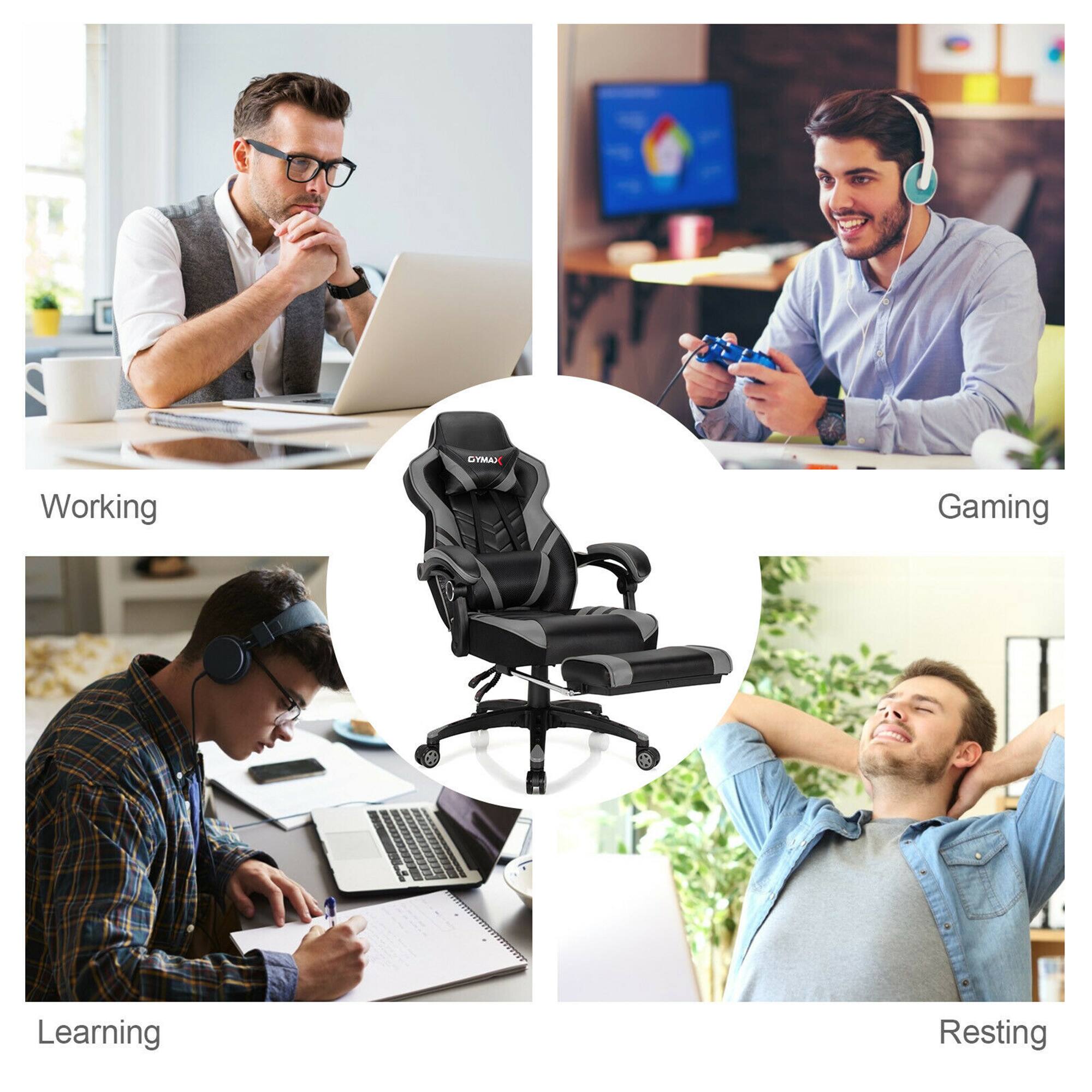 The text on the image is grouped as follows:

1. Working: A man with glasses and a tie, sitting at a desk with a laptop, cell phone, and books.
2. Gaming: A man holding a game controller, with a TV in the background.
3. Learning: A man with headphones on, studying with a laptop and books.
4. Resting: A man with his eyes closed, smiling and relaxing.

The corrected text would be:

1. Working: A man with glasses and a tie, sitting at a desk with a laptop, cell phone, and books.
2. Gaming: A man holding a game controller, with a TV in the background.
3. Learning: A man with headphones on, studying with a laptop and books.
4. Resting: A man with his eyes closed, smiling and relaxing.