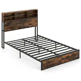 Kadyn - Industrial Metal Platform Bed with Storage Headboard, Available in Twin, Full, Queen and King Sizes with Storage Shelves - Brown
