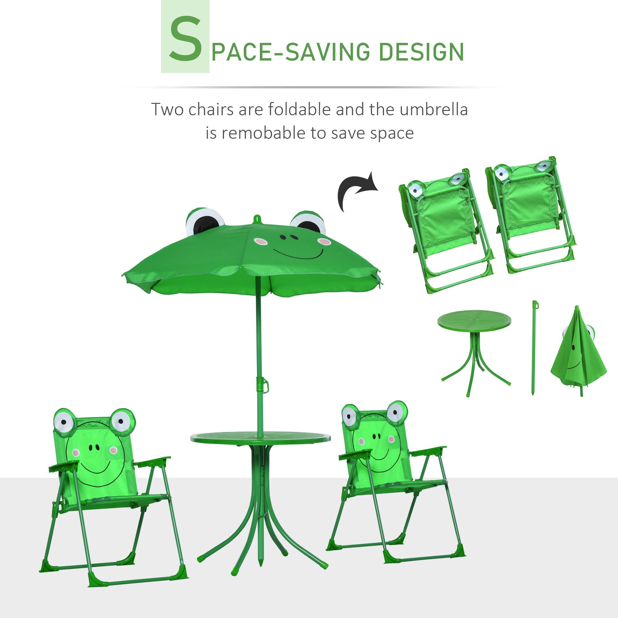 SPACE-SAVING DESIGN

Two chairs are foldable and the umbrella is removable to save space