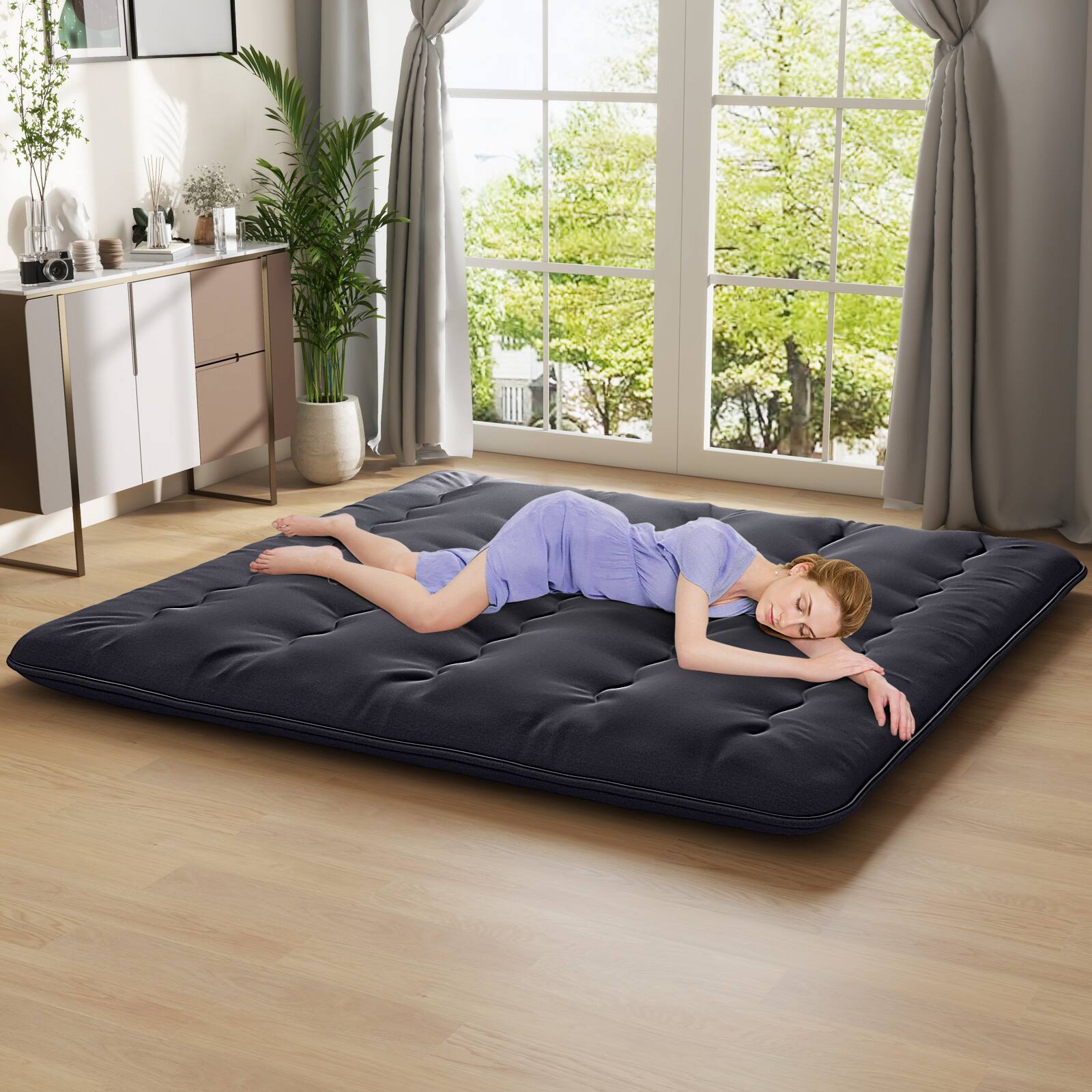 Alt View 3. Costway - Costway King Futon Mattress Japanese Floor Sleeping Pad Washable Cover Carry Bag Black - Black.