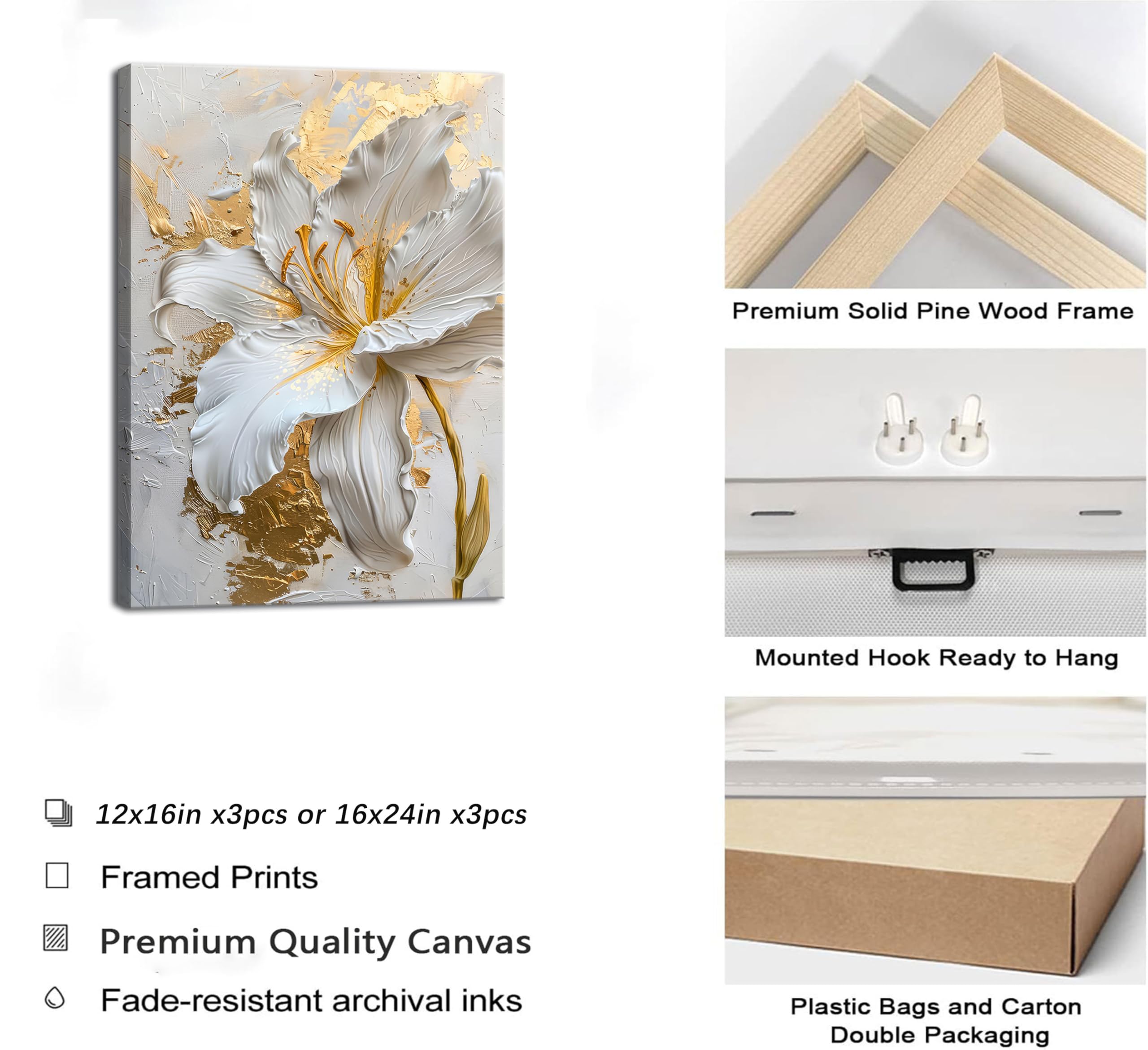 - Premium Solid Pine Wood Frame
- Mounted Hook Ready to Hang
- 12x16in x3pcs or 16x24in x3pcs
- Framed Prints
- Premium Quality Canvas
- Fade-resistant archival inks
- Plastic Bags and Carton Double Packaging