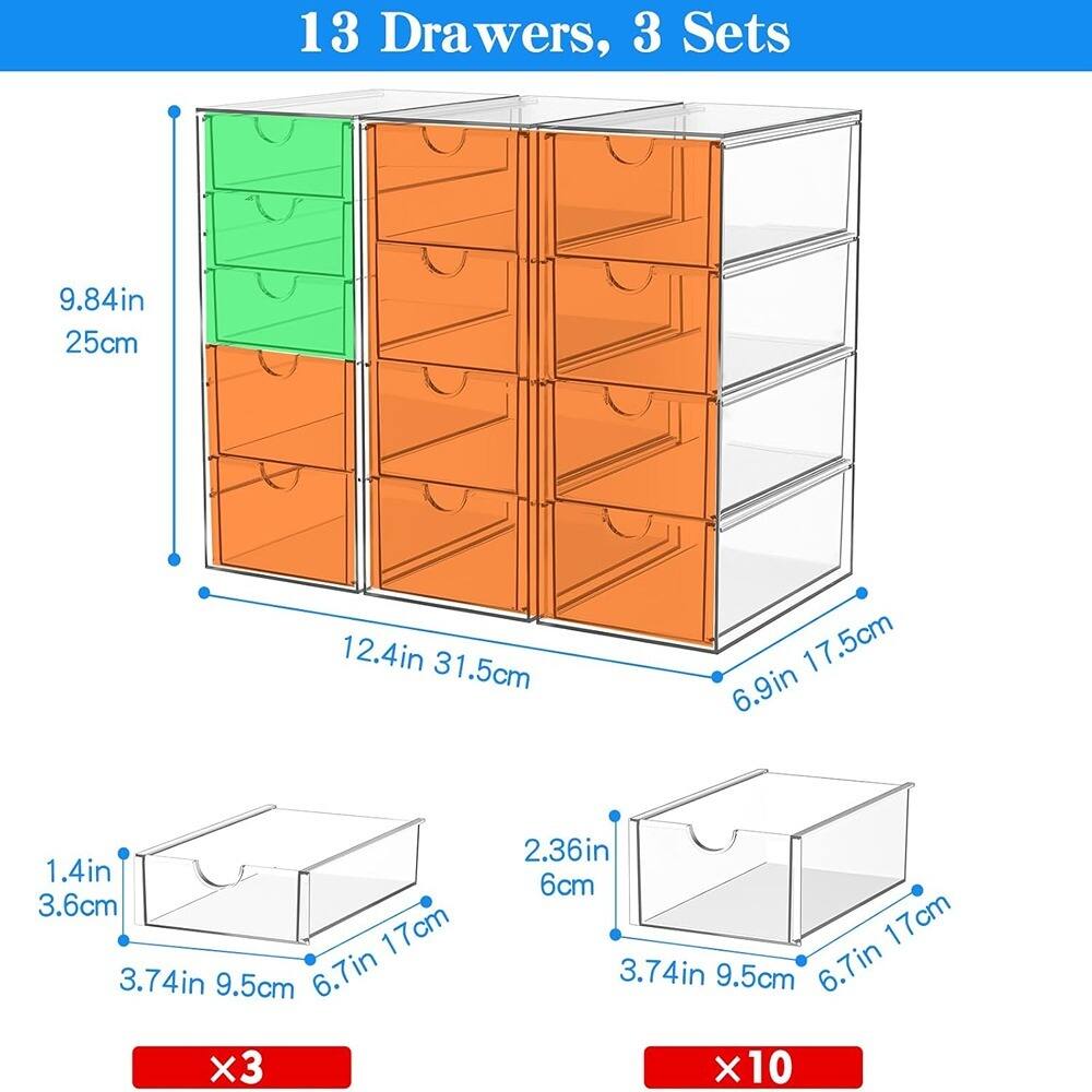 13 Drawers, 3 Sets

- Height: 9.84in (25cm)
- Width: 12.4in (31.5cm)
- Depth: 6.9in (17.5cm)

Drawer Dimensions:
- Small Drawer: 1.4in (3.6cm) x 3.74in (9.5cm) x 6.7in (17cm) x3
- Medium Drawer: 2.36in (6cm) x 3.74in (9.5cm) x 6.7in (17cm) x10