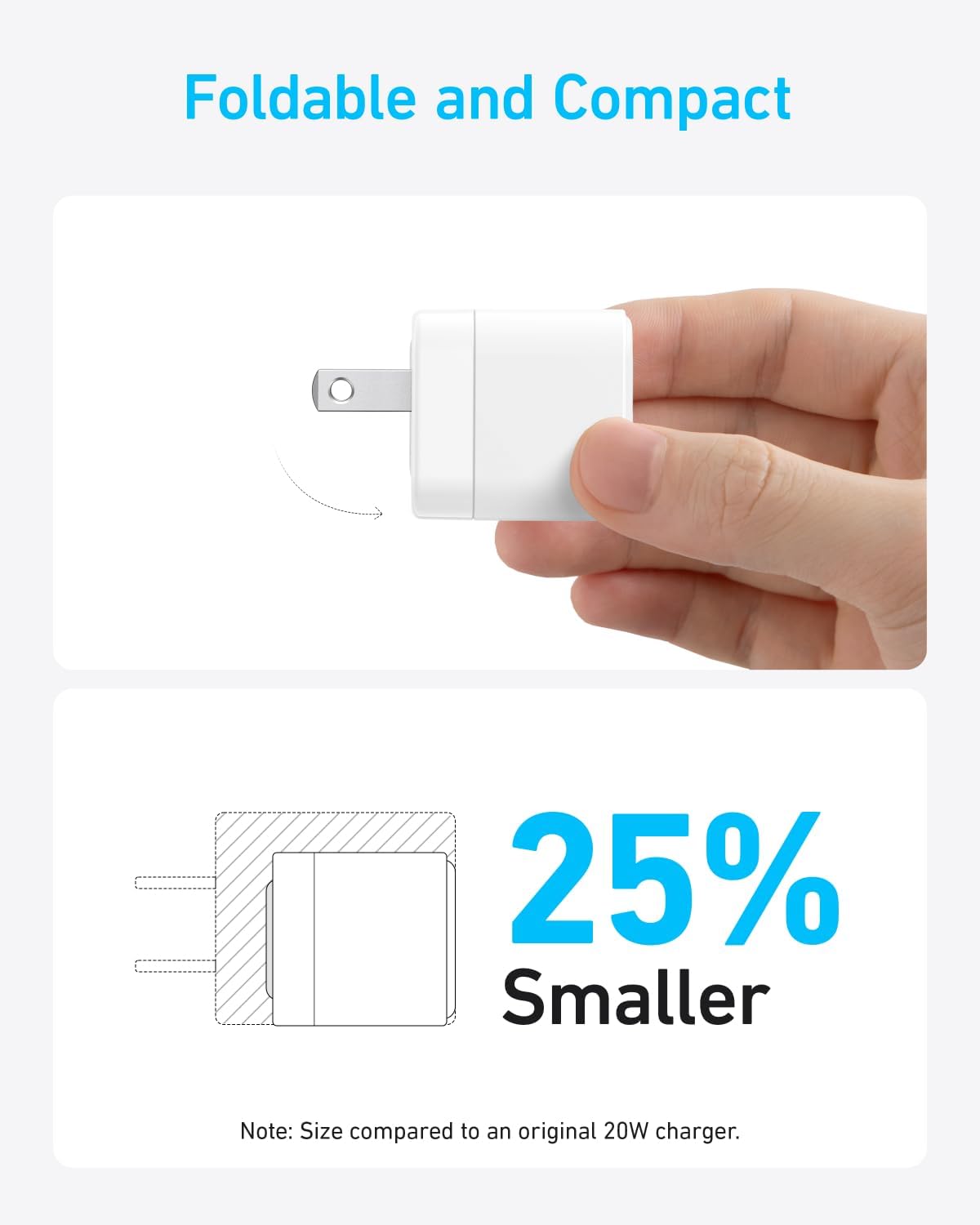 Foldable and Compact

25% Smaller

Note: Size compared to an original 20W charger.