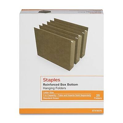 Staples  
Reinforced Box Bottom Hanging Folders  
Letter Size  
3 in Capacity  
Tabs and Inserts Sold Separately  
25 Standard Green Folders  
ST418376