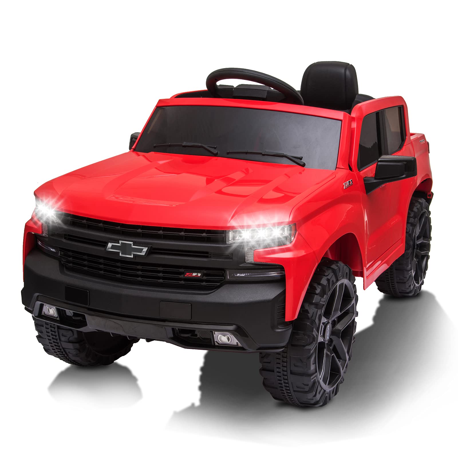Front. GARVEE - 12V Licensed Chevrolet Silverado Kids Ride-On Truck with Remote Control,Bluetooth Speaker,LED Lights & Truck Bed Storage - Red.